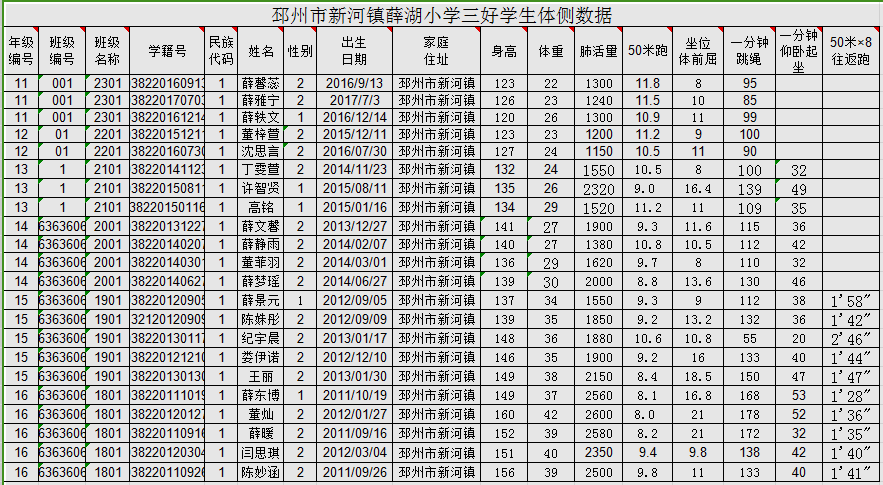 2023年度邳州市新河镇薛湖小学学生体质健康数据报表