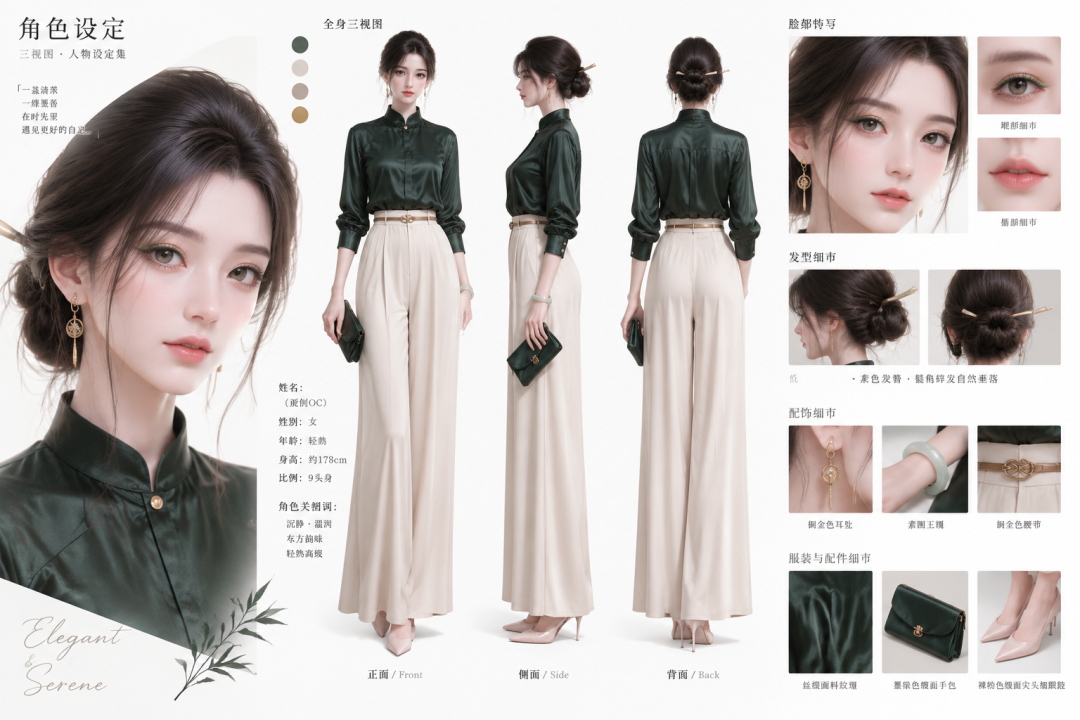 墨绿铜金·茶室雅致款——轻熟女性OC角色设定三视图 效果图样例