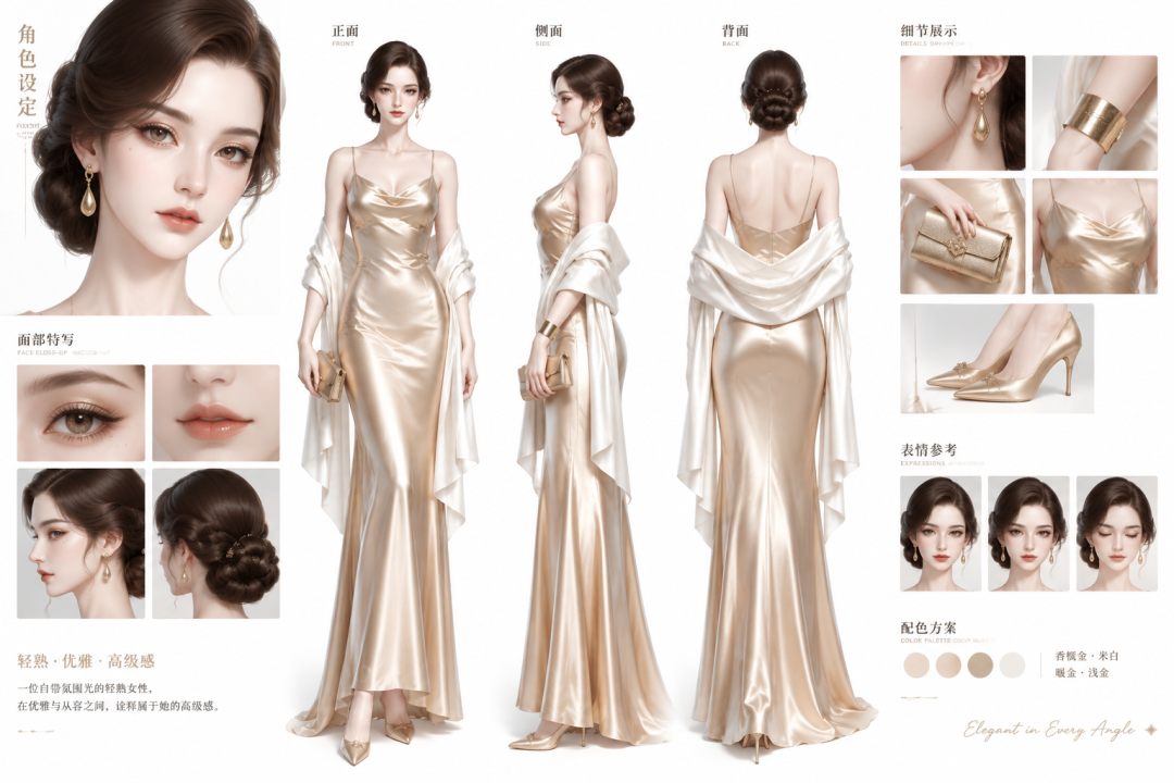 香槟金·晚宴优雅款——轻熟女性OC角色设定三视图 效果图样例