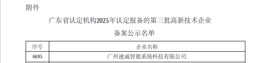 再获认可！速威智能连续第四次通过国家高新技术企业认定