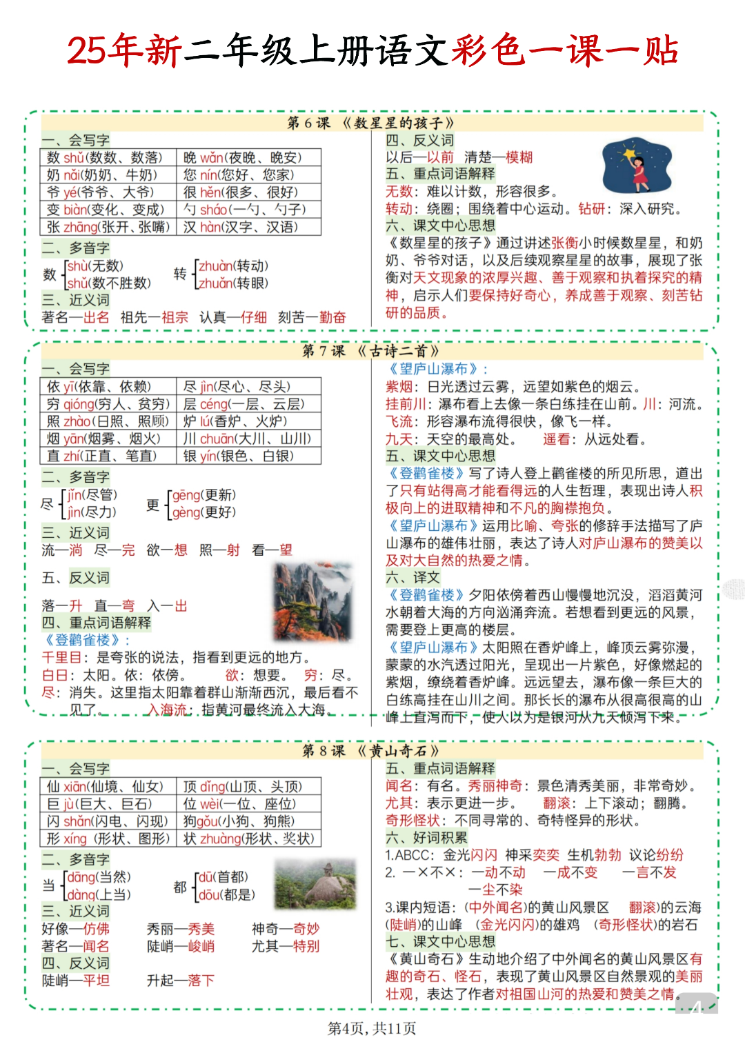 25年新版二年级上册语文《每课重点一课一贴》（课课贴），电子版可下载