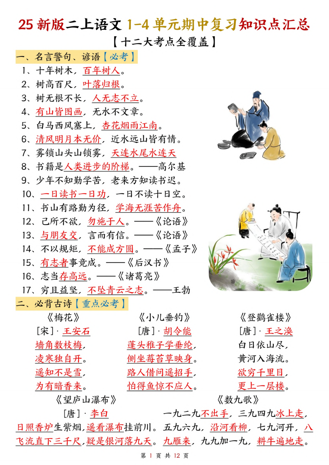 25年人教版二年级上册语文期中复习（1-4单元知识点归类汇总），电子版可打印