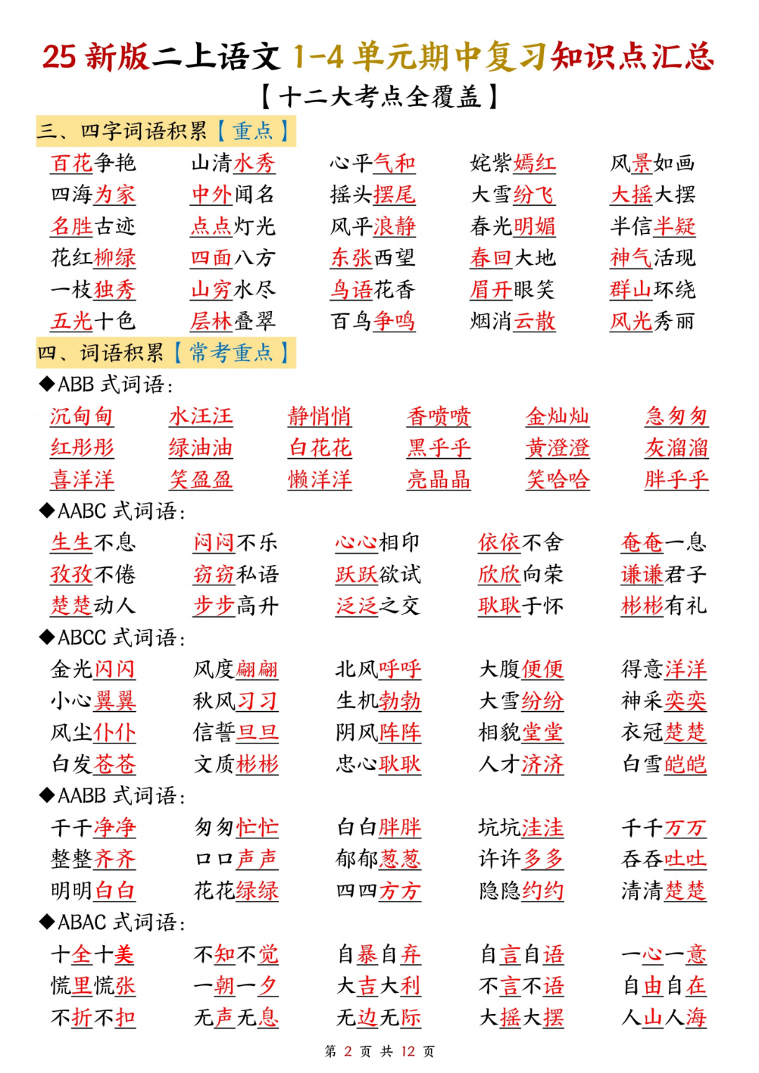 25年人教版二年级上册语文期中复习（1-4单元知识点归类汇总），电子版可打印