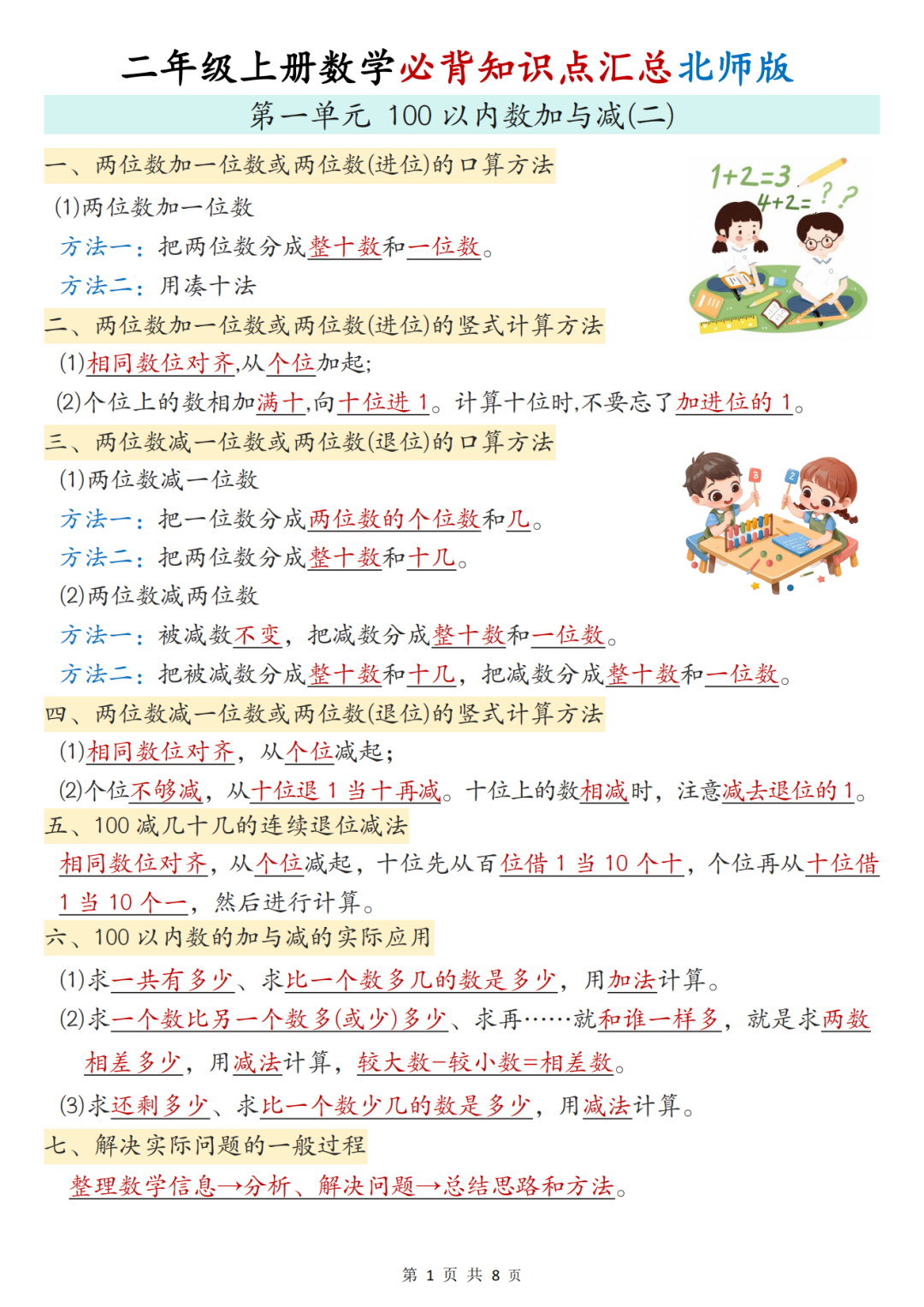 25年新北师大版二年级上册数学《必背知识点汇总大全》，电子版可打印