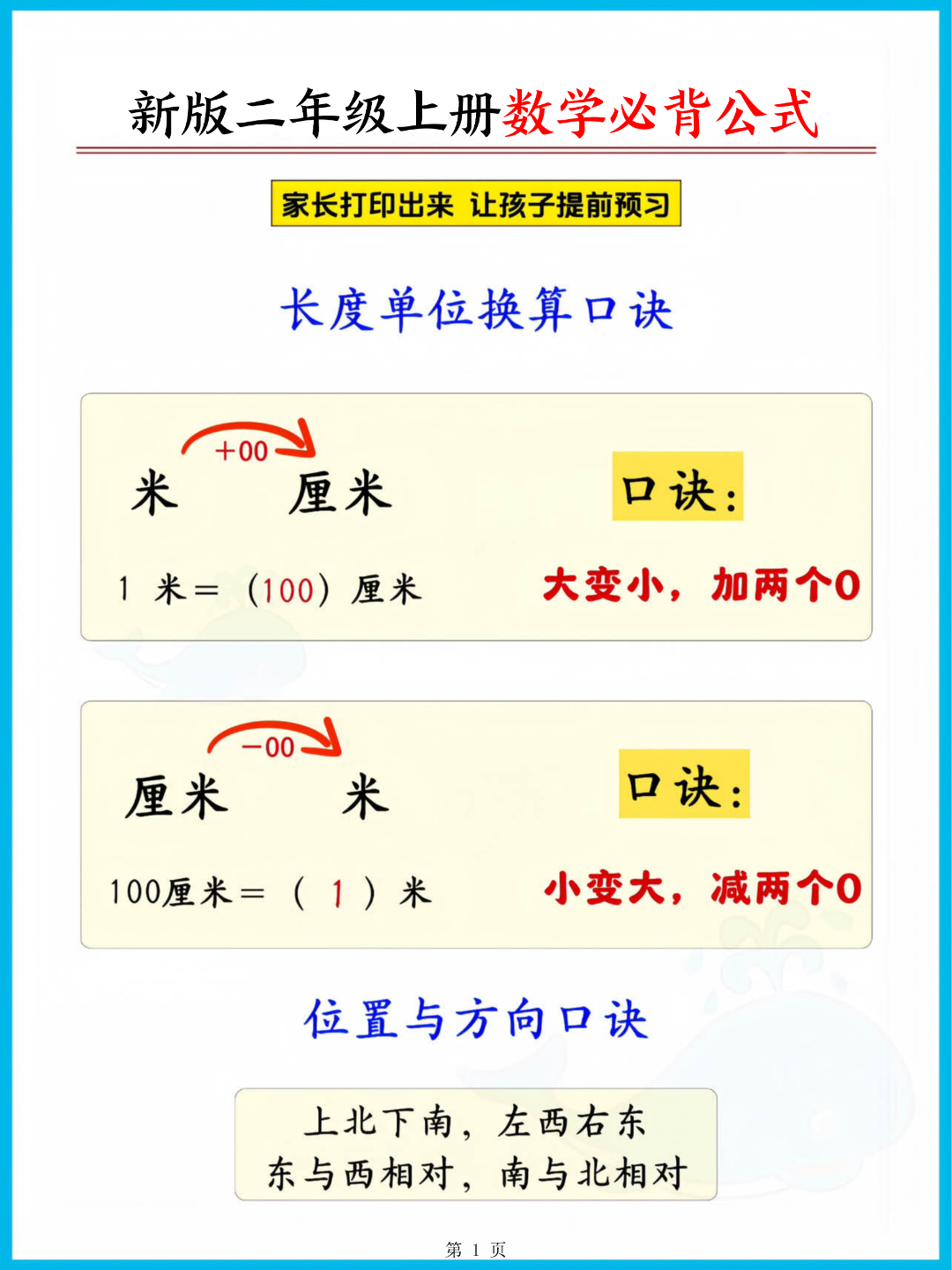 新版二年级上册数学《必背公式汇总》，电子版可打印
