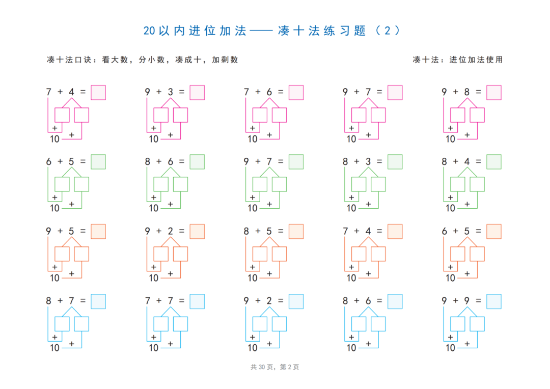 一年级上册数学《20以内的进位加法、退位减法》专项练习题，电子版可打印