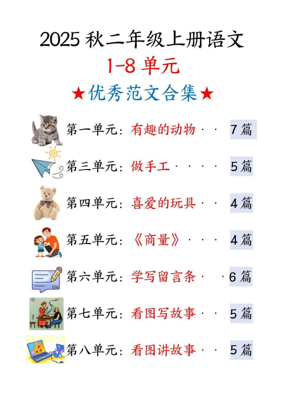 25年新版二年级上册语文《1-8单元同步写作范文》（共36篇），电子版可打印