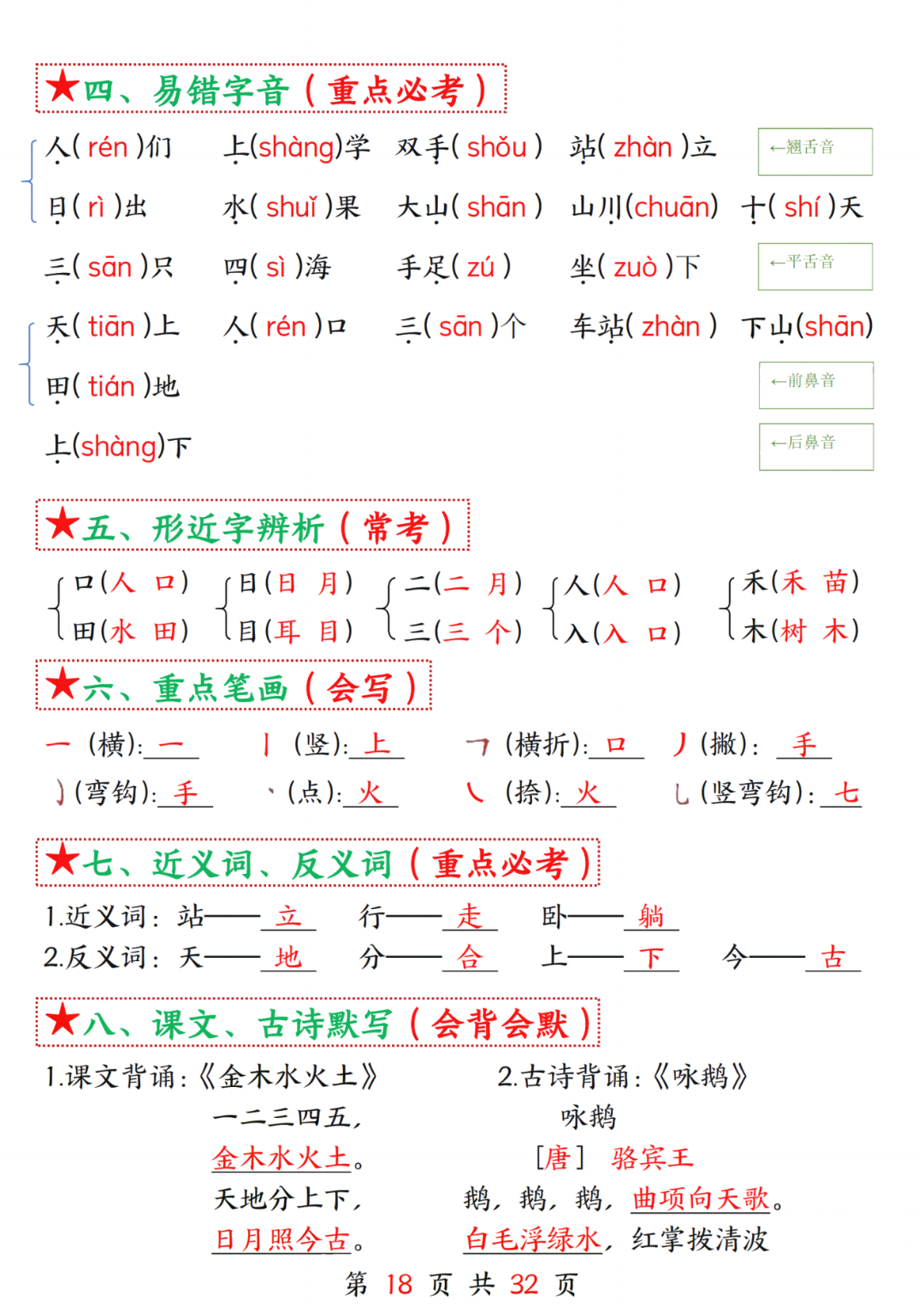 25年新版一年级上册语文《1-8单元考点总结及练习》，电子版可打印