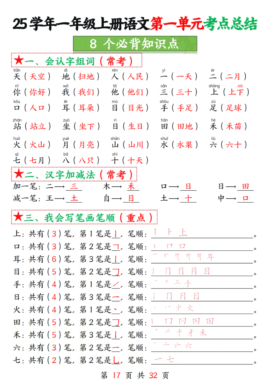 25年新版一年级上册语文《1-8单元考点总结及练习》，电子版可打印