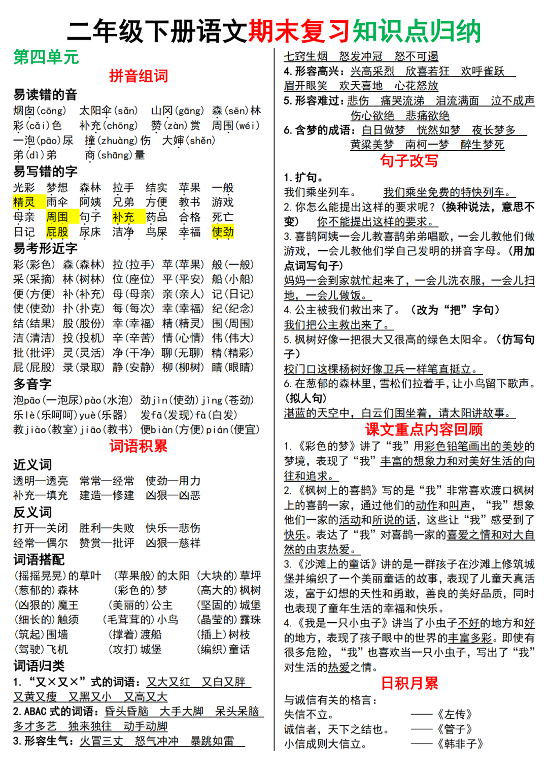 25年人教版二年级下册语文期末复习《1-8单元知识点归纳汇总》，电子版可下载