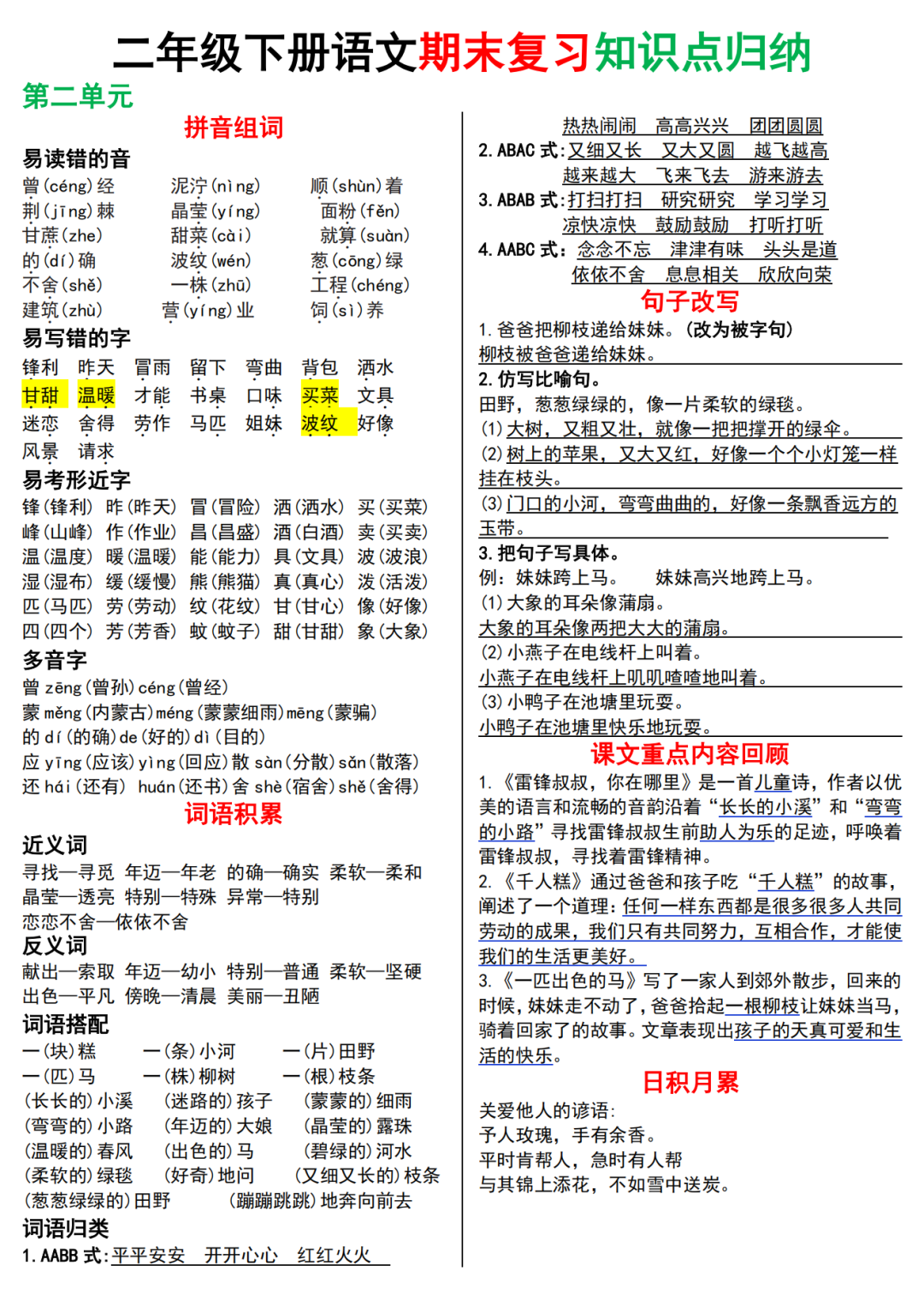 25年人教版二年级下册语文期末复习《1-8单元知识点归纳汇总》，电子版可下载