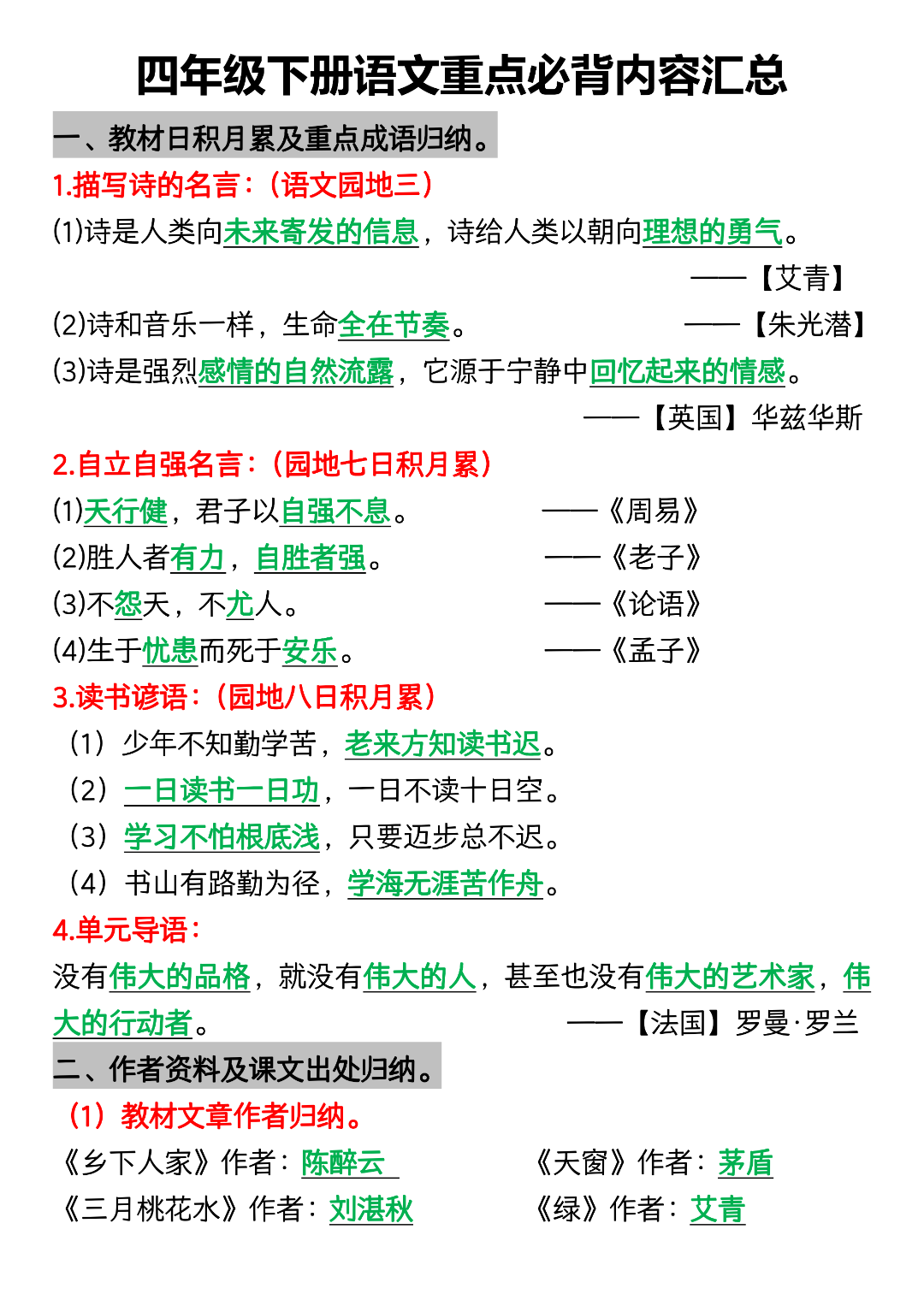 26年四年级下册语文《全册重点必背内容汇总》，电子版可打印