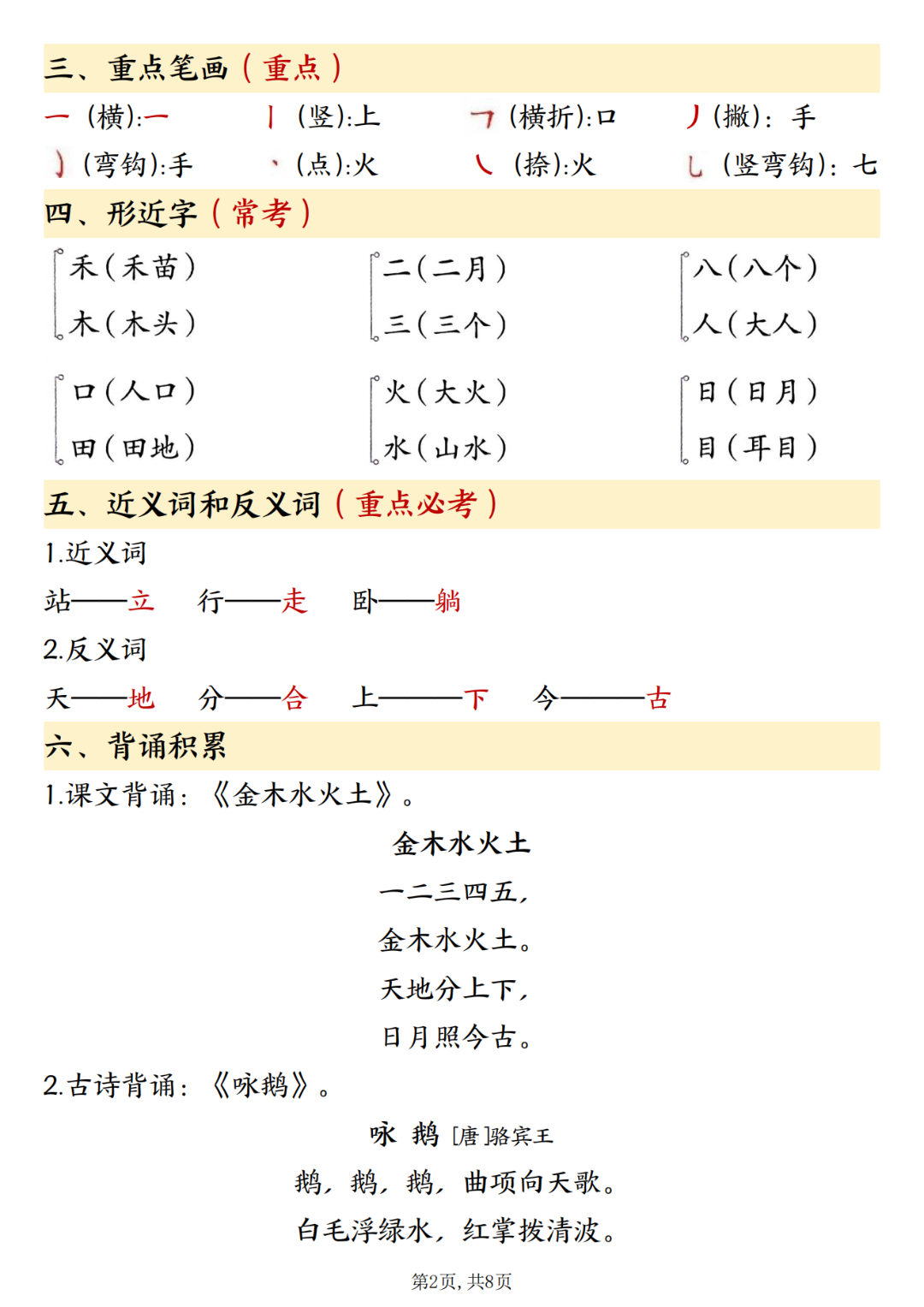 25年一年级上册语文期中复习《1-4单元重点知识点汇总》，电子版可下载