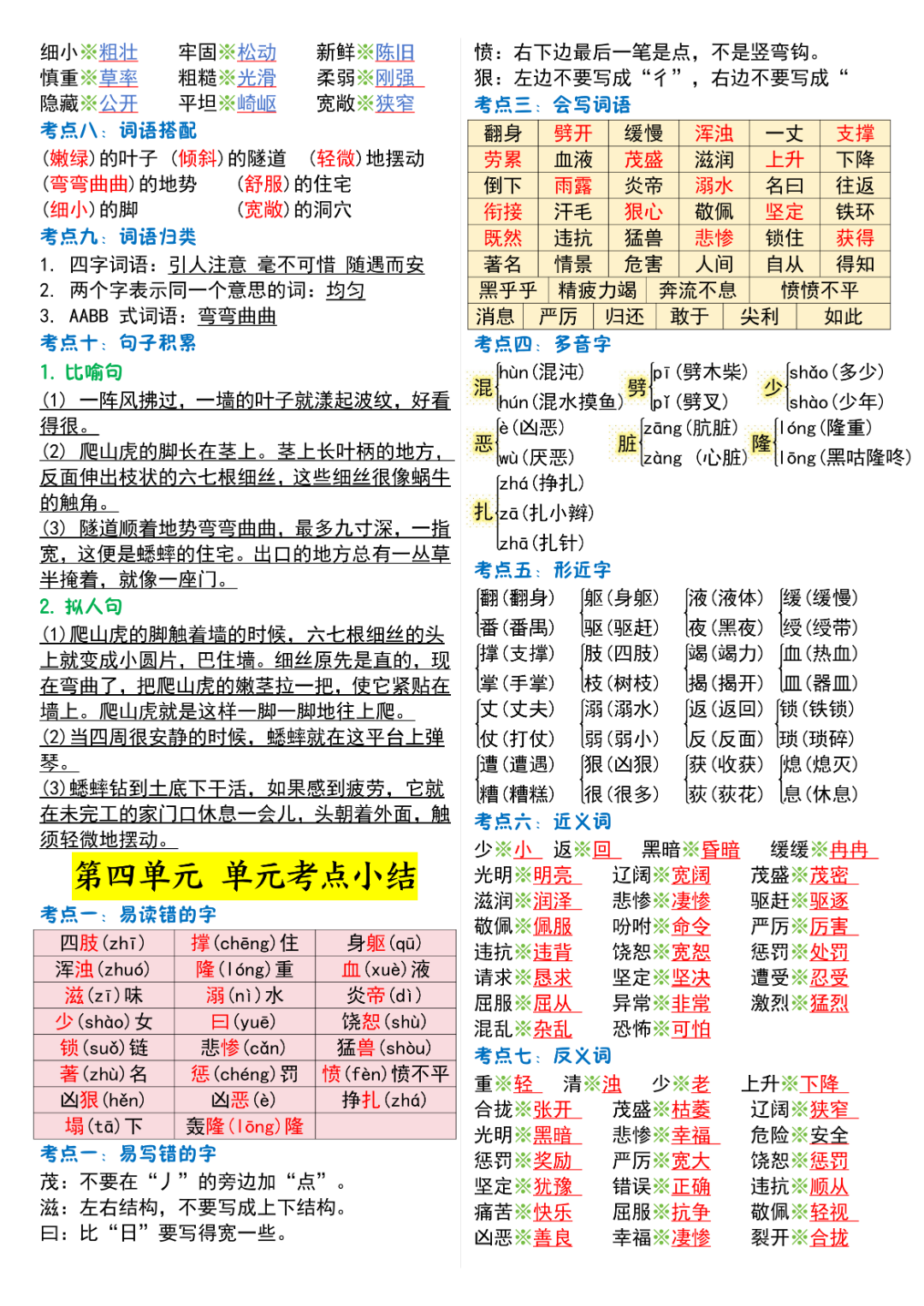 四年级上册语文《1-8单元晨读必背考点》，电子版可打印
