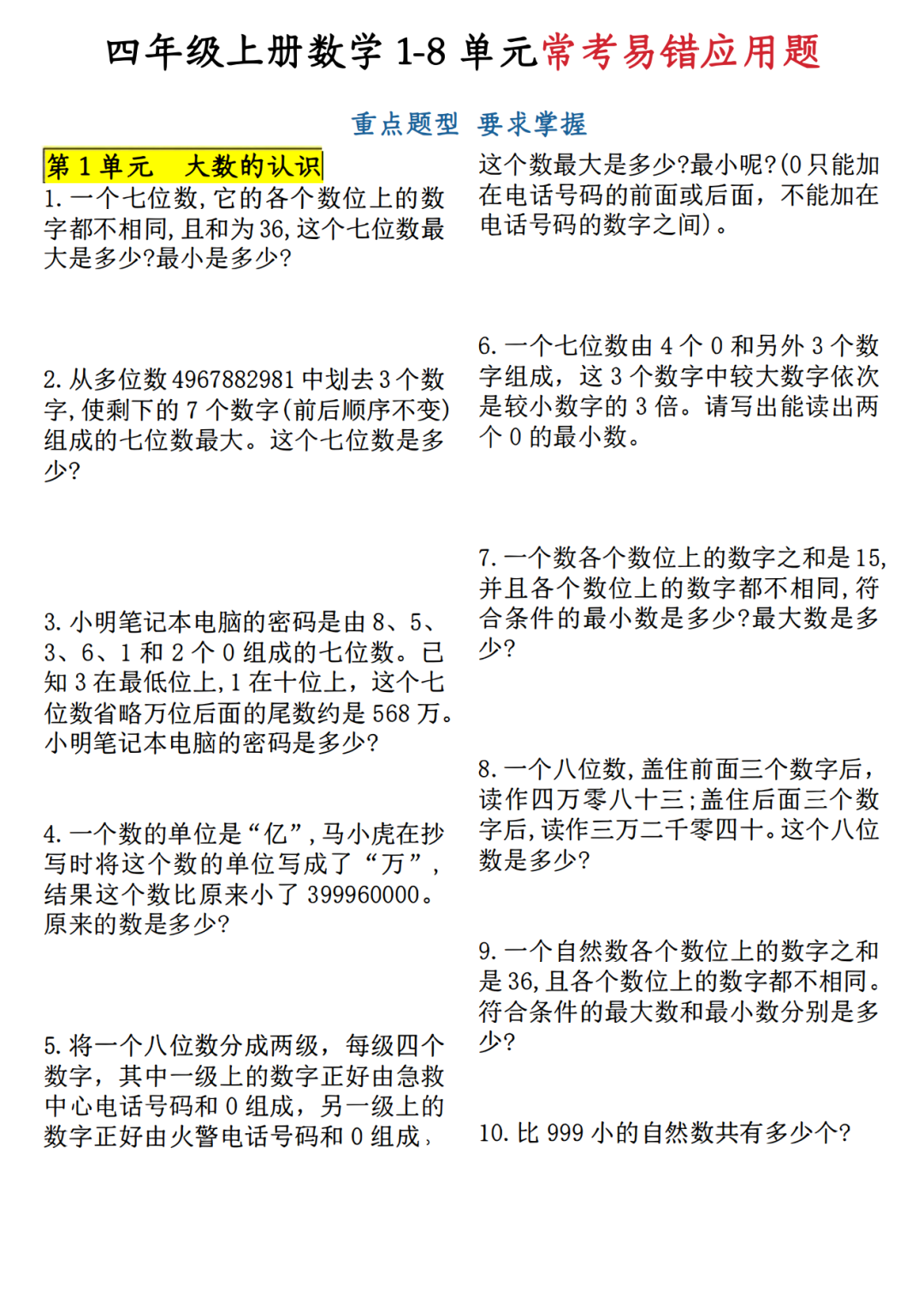 人教版四年级上册数学《常考易错应用题》，含答案，电子版可打印