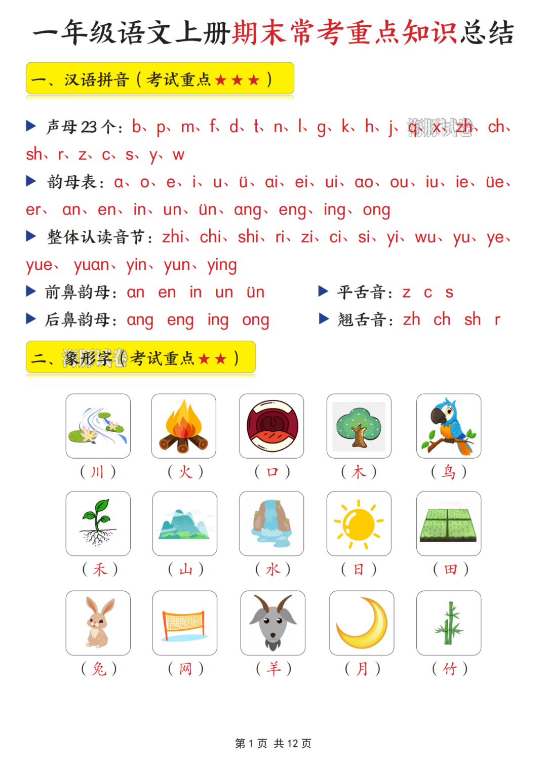 新版一年级上册语文《期末常考重点知识总结》，电子版可打印