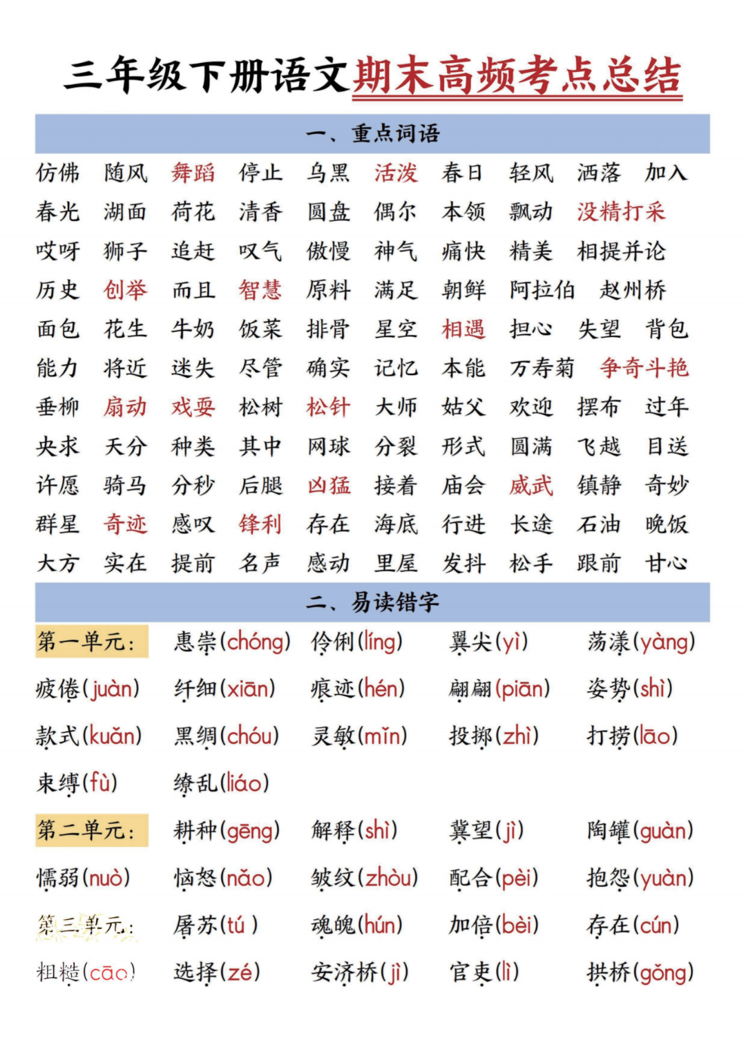 人教版三年级下册语文期末复习（高频考点汇总）电子版可打印