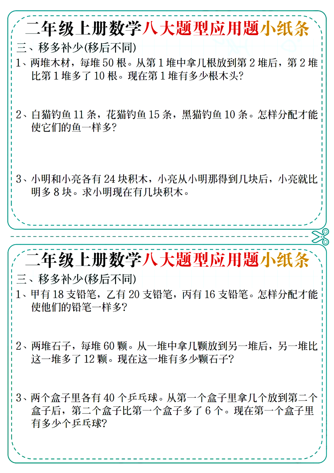 二年级上册数学《八大题型应用题》小纸条，含答案，电子版可打印