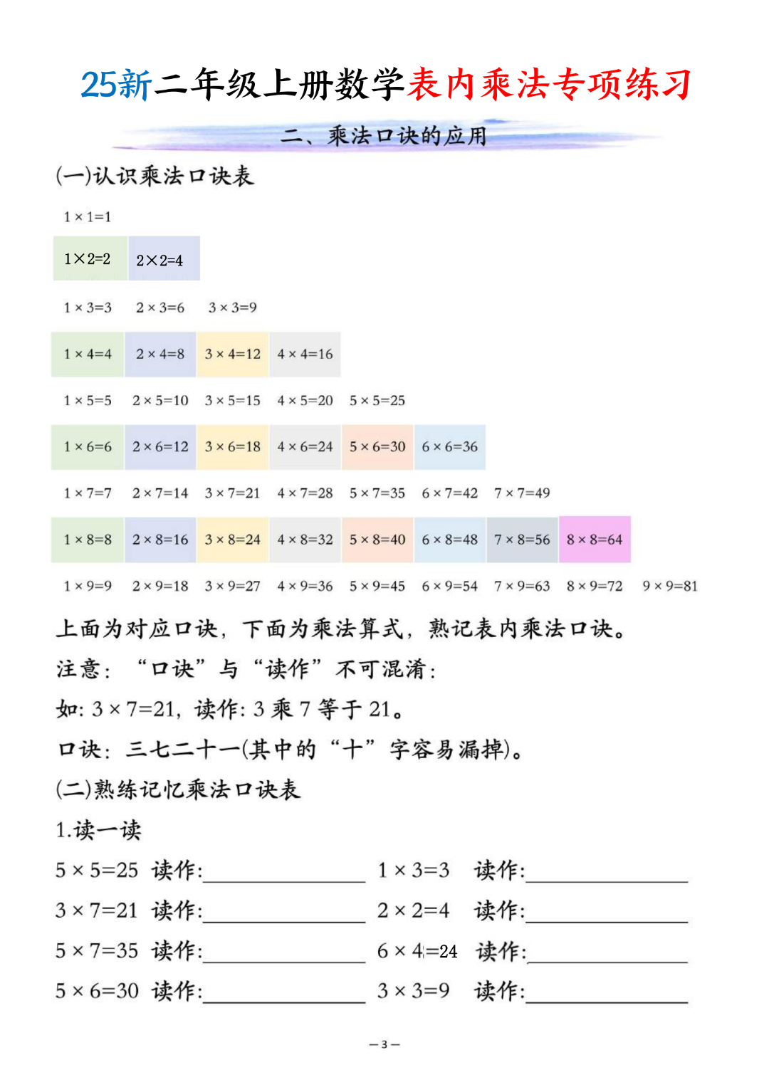 25年新版二年级上册数学《表内乘法专项练习》，电子版可打印