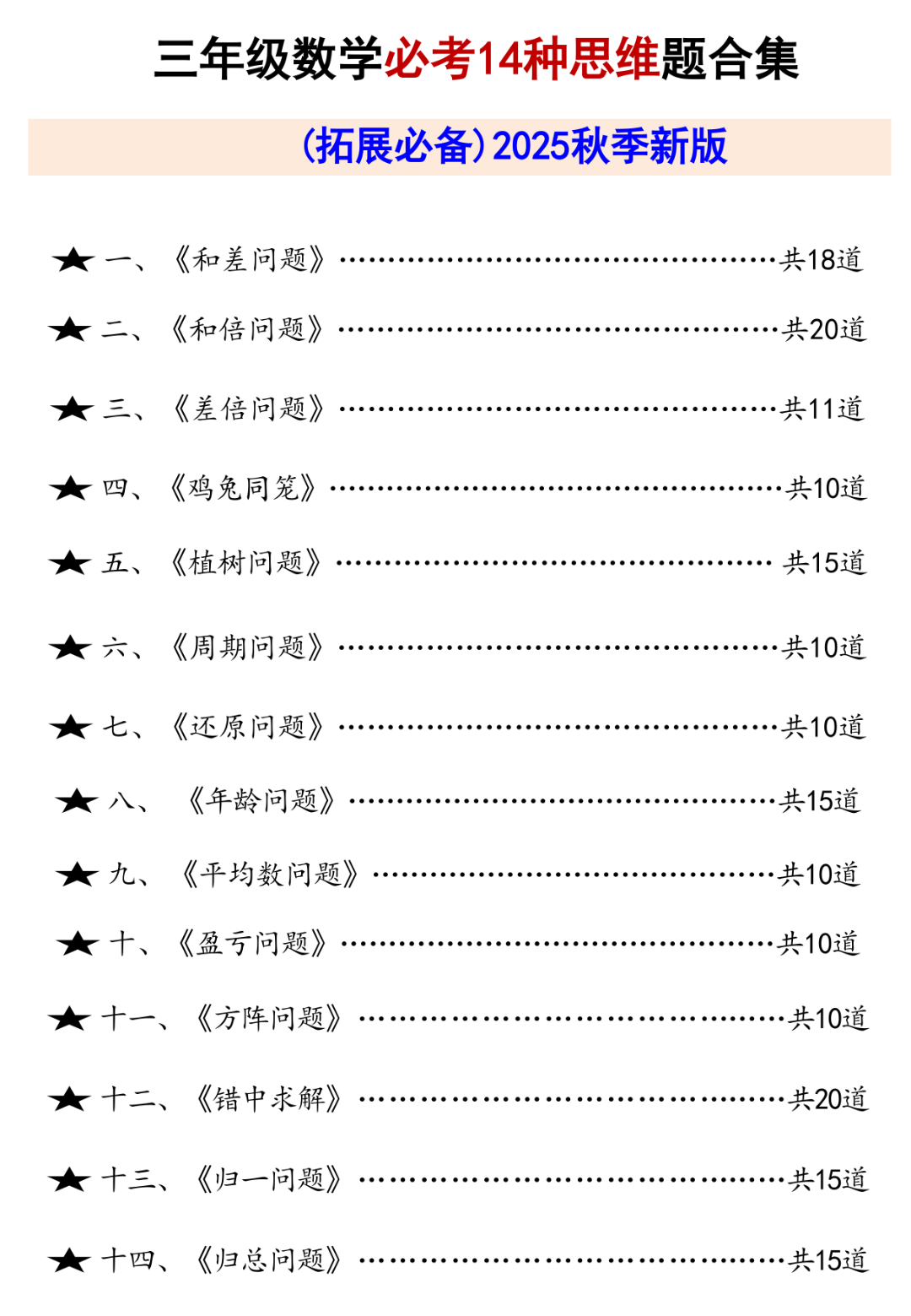 25年三年级上册数学《14种必考思维训练题合集》，有答案，电子版可打印
