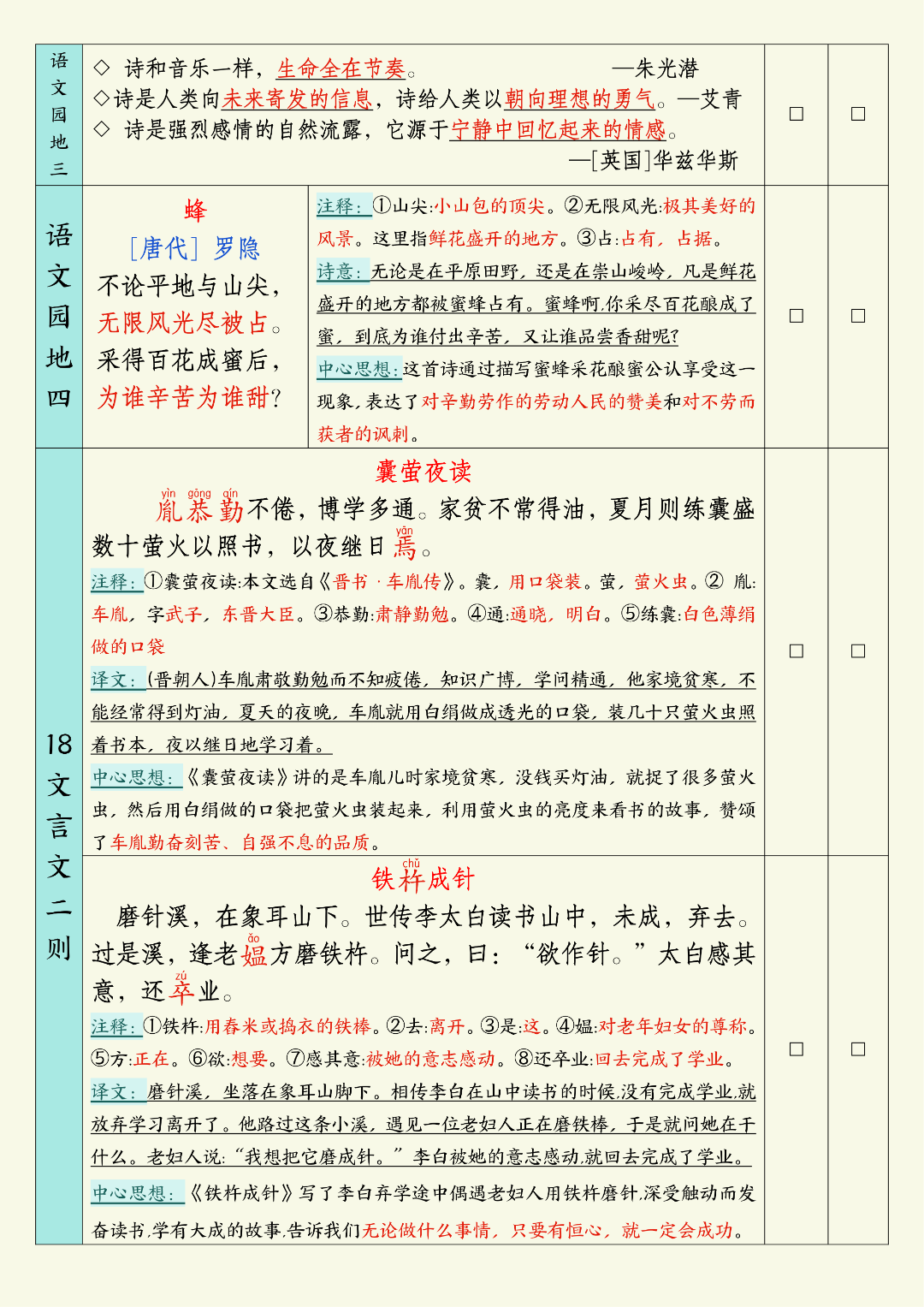 四年级下册语文《课文必背内容汇总+默写》，电子版可打印