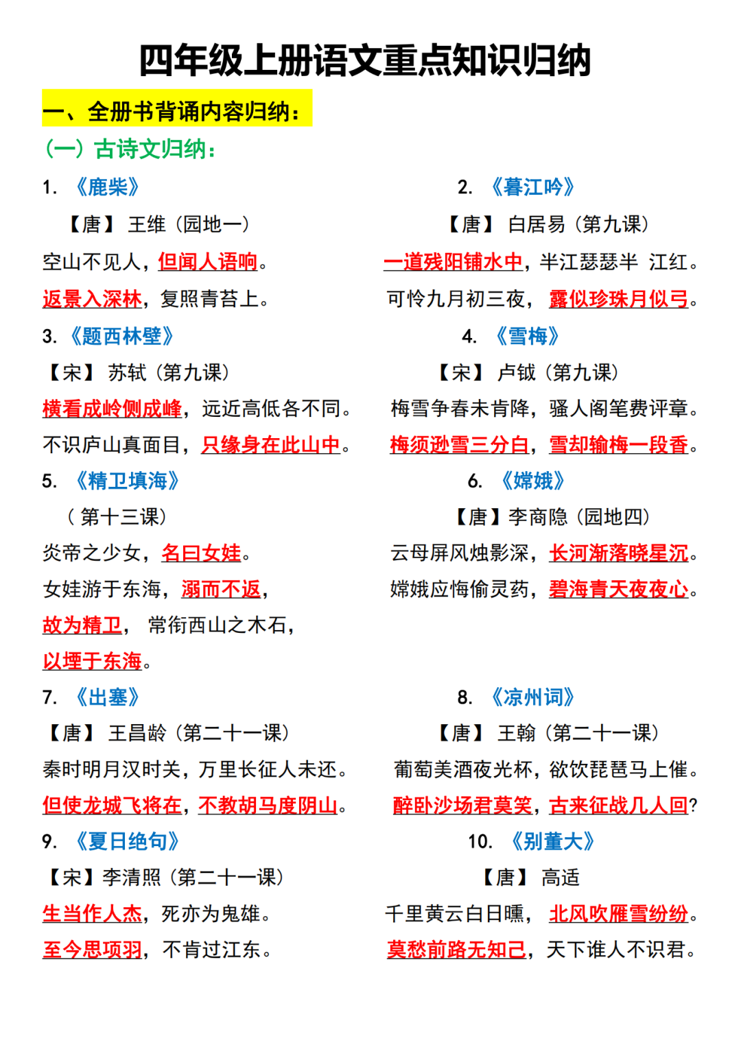 25年四年级上册语文期（全册重点知识点归类汇总），电子版可打印