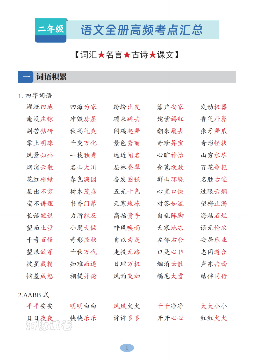 新版二年级上册语文《全册高频考点归类汇总》，电子版可打印