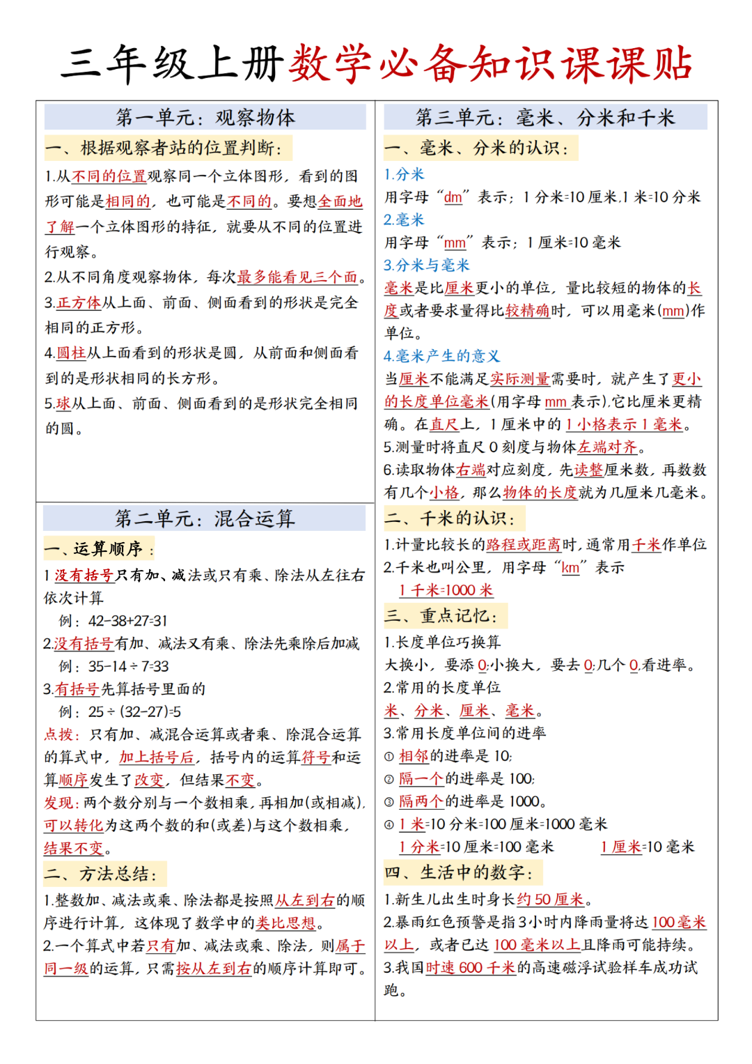 人教版三年级上册《数学课课贴》，电子版可打印