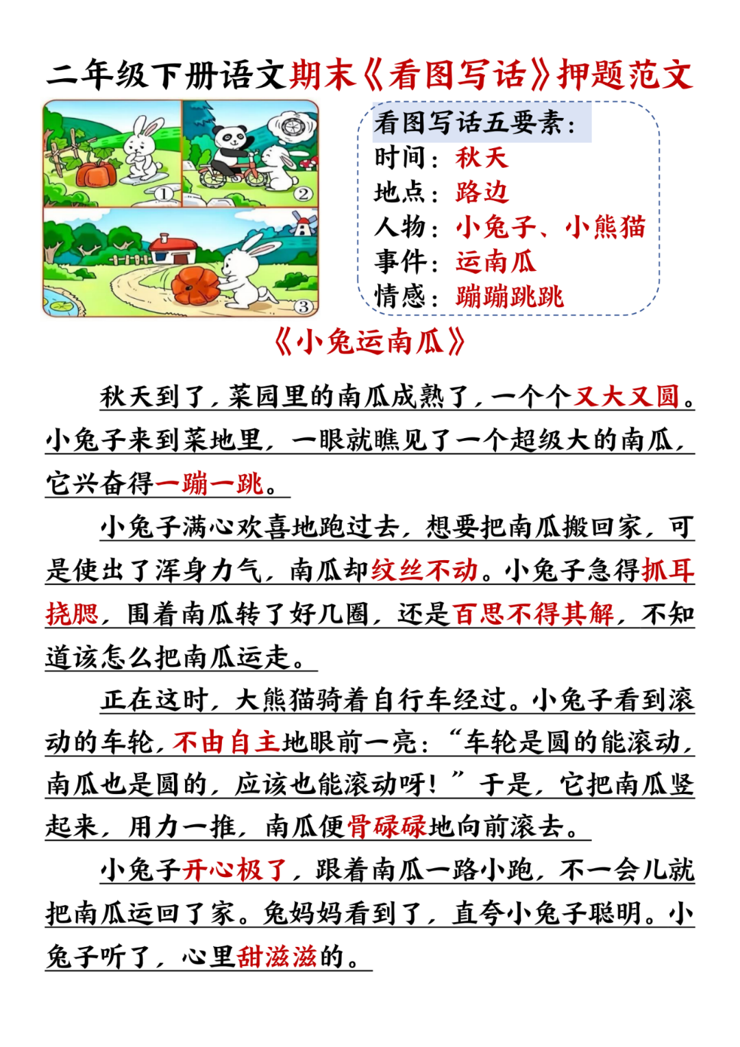 25年人教版二年级下册语文期末《看图写话押题范文》，电子版可打印