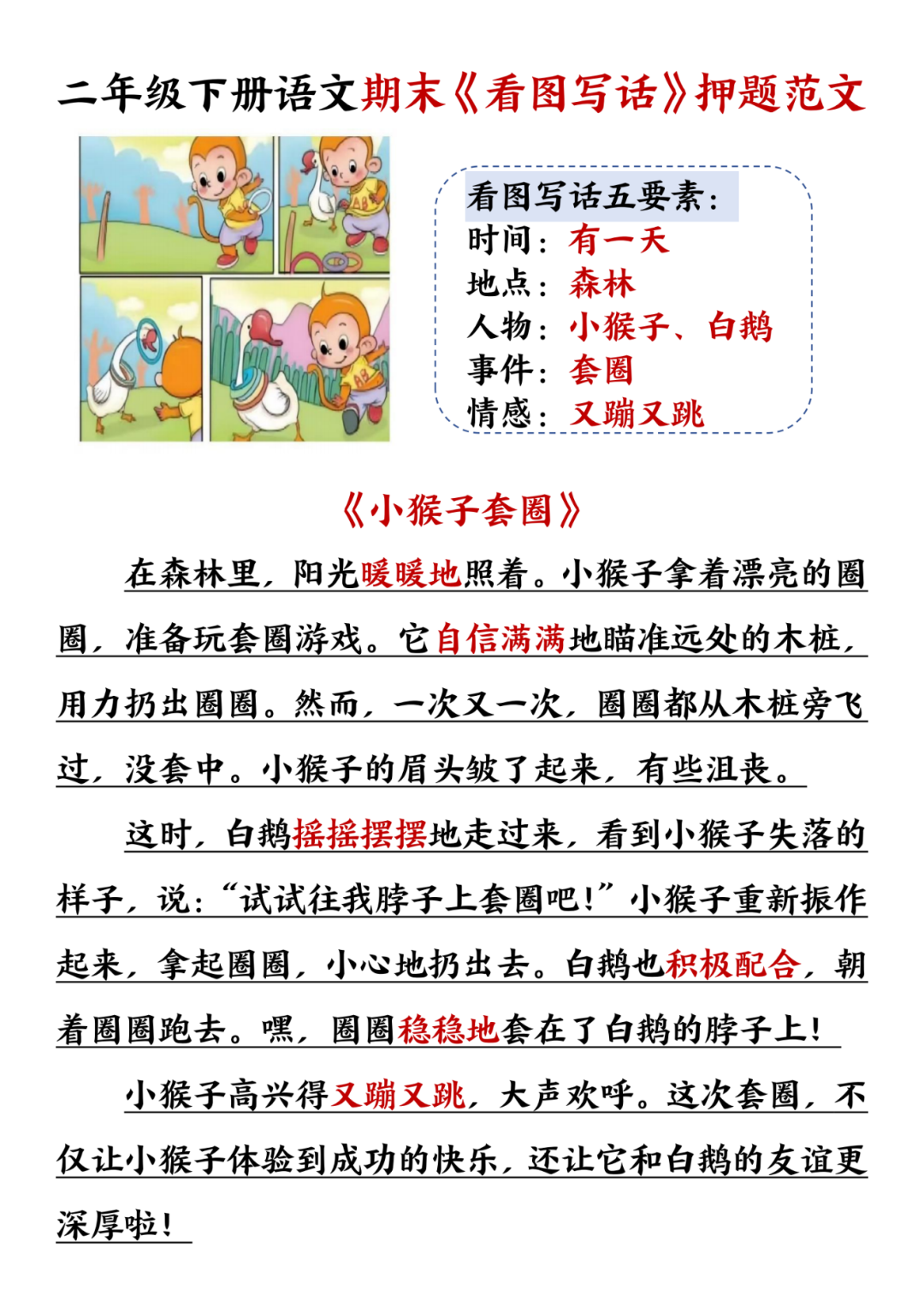 25年人教版二年级下册语文期末《看图写话押题范文》，电子版可打印