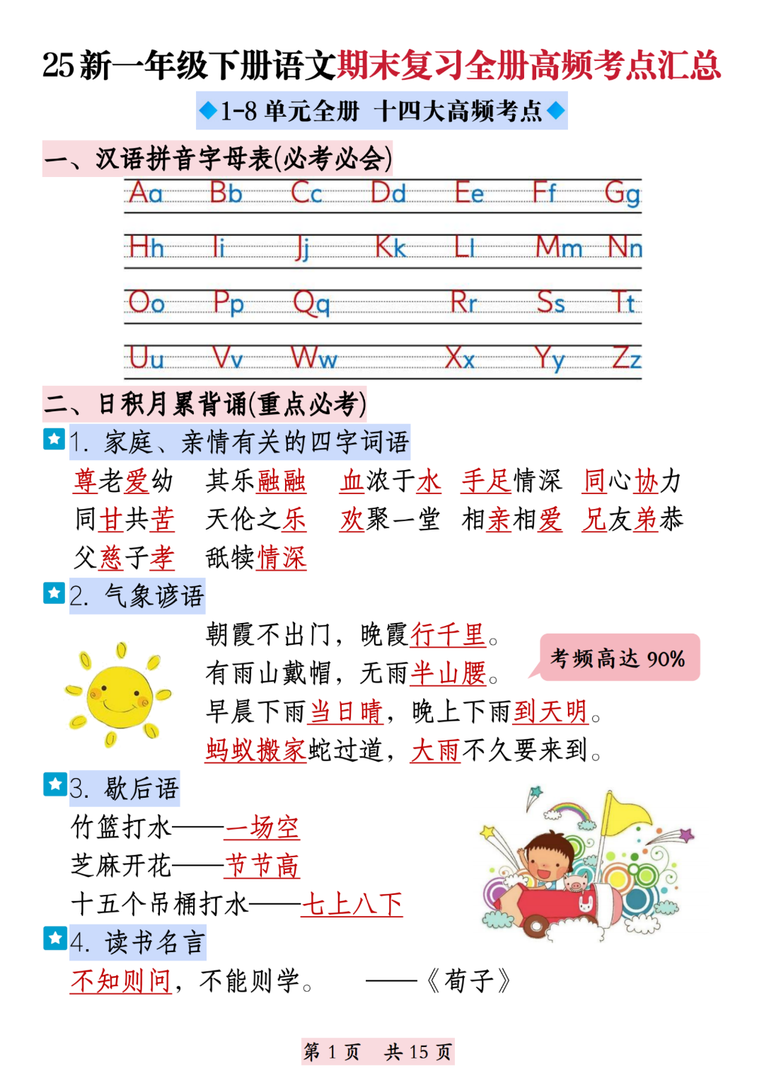 25年人教版一年级下册语文期末复习（全册高频考点归类汇总），电子版可打印