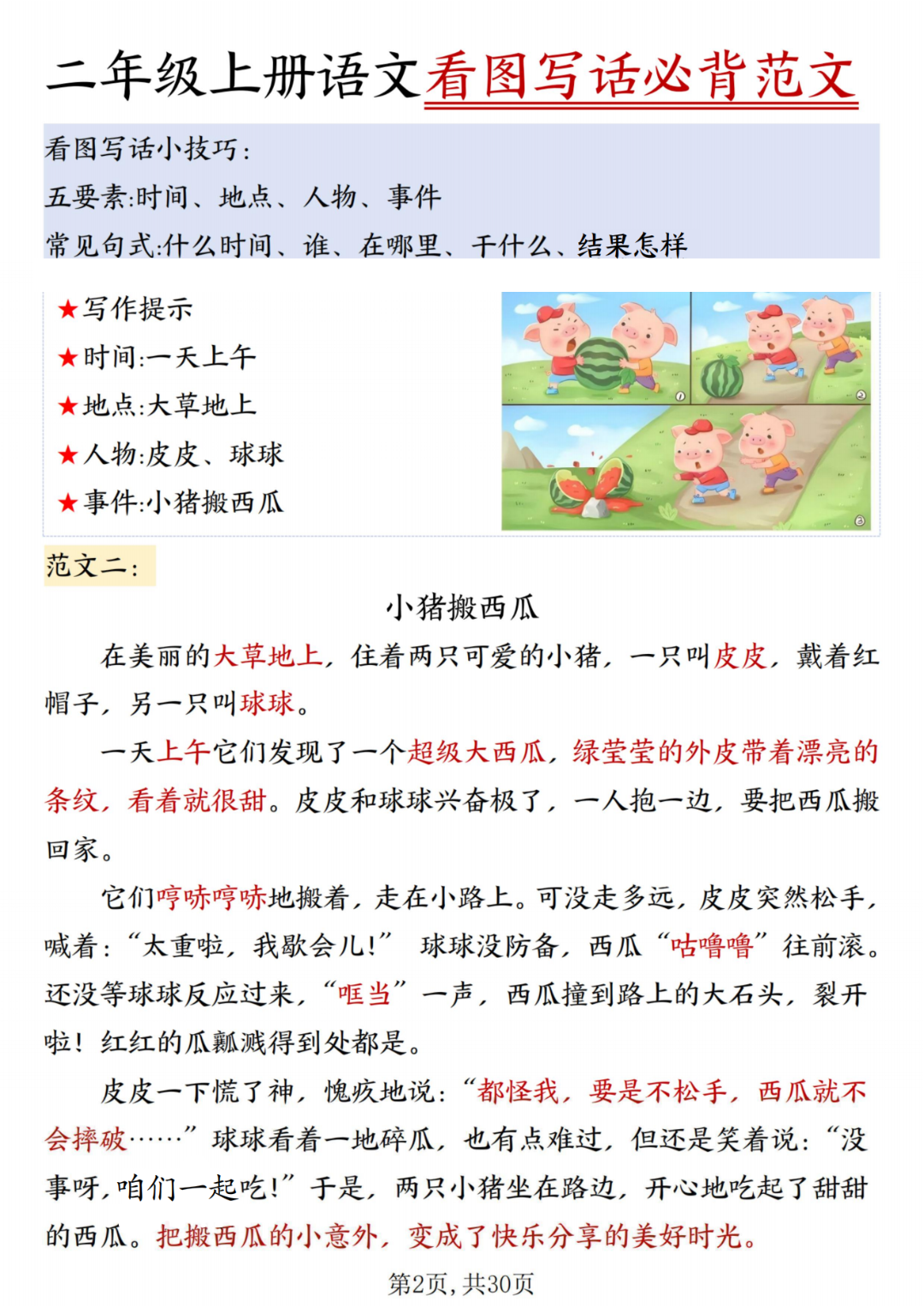 人教版二年级上册语文《看图写话必背范文》，电子版可打印