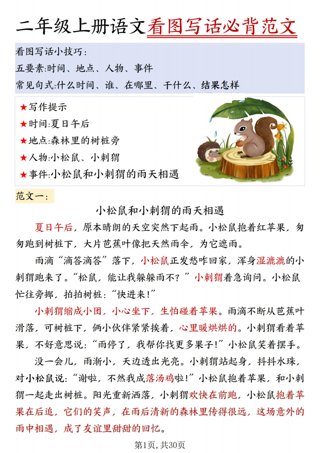 人教版二年级上册语文《看图写话必背范文》，电子版可打印