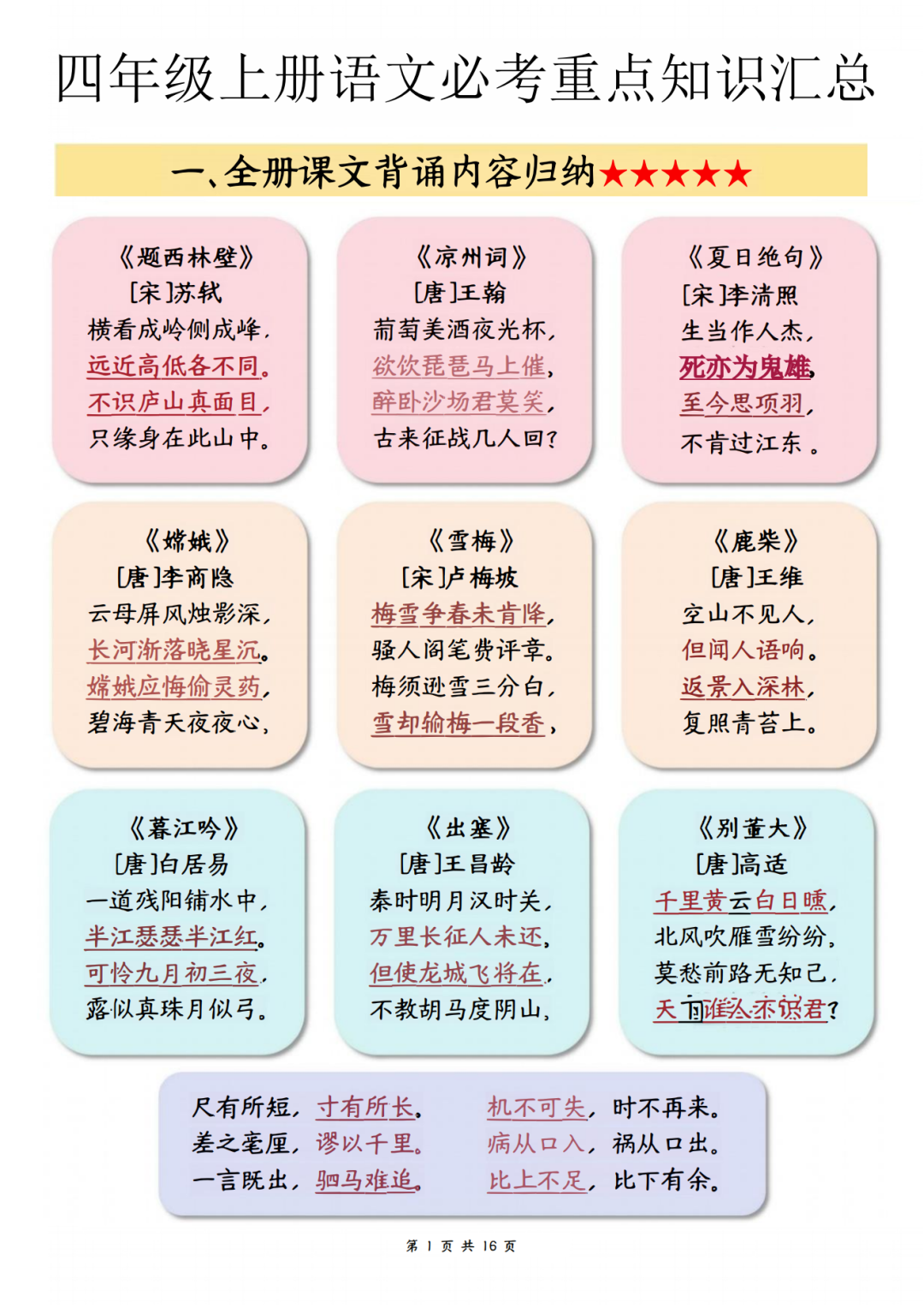 四年级上册语文《必考重点知识归纳汇总》，电子版可打印