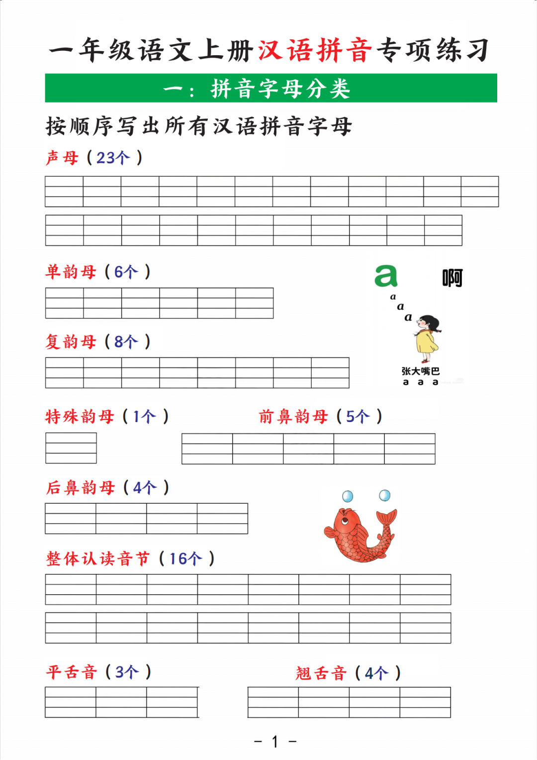 25年人教版一年级上册语文《汉语拼音专项练习》，有答案，电子版可打印