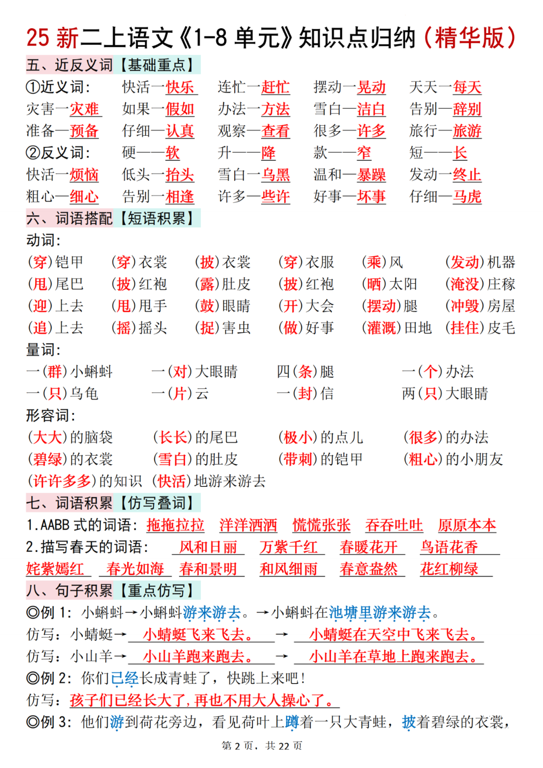 25年新版二年级上册语文《1-8单元知识点归纳汇总》，电子版可下载
