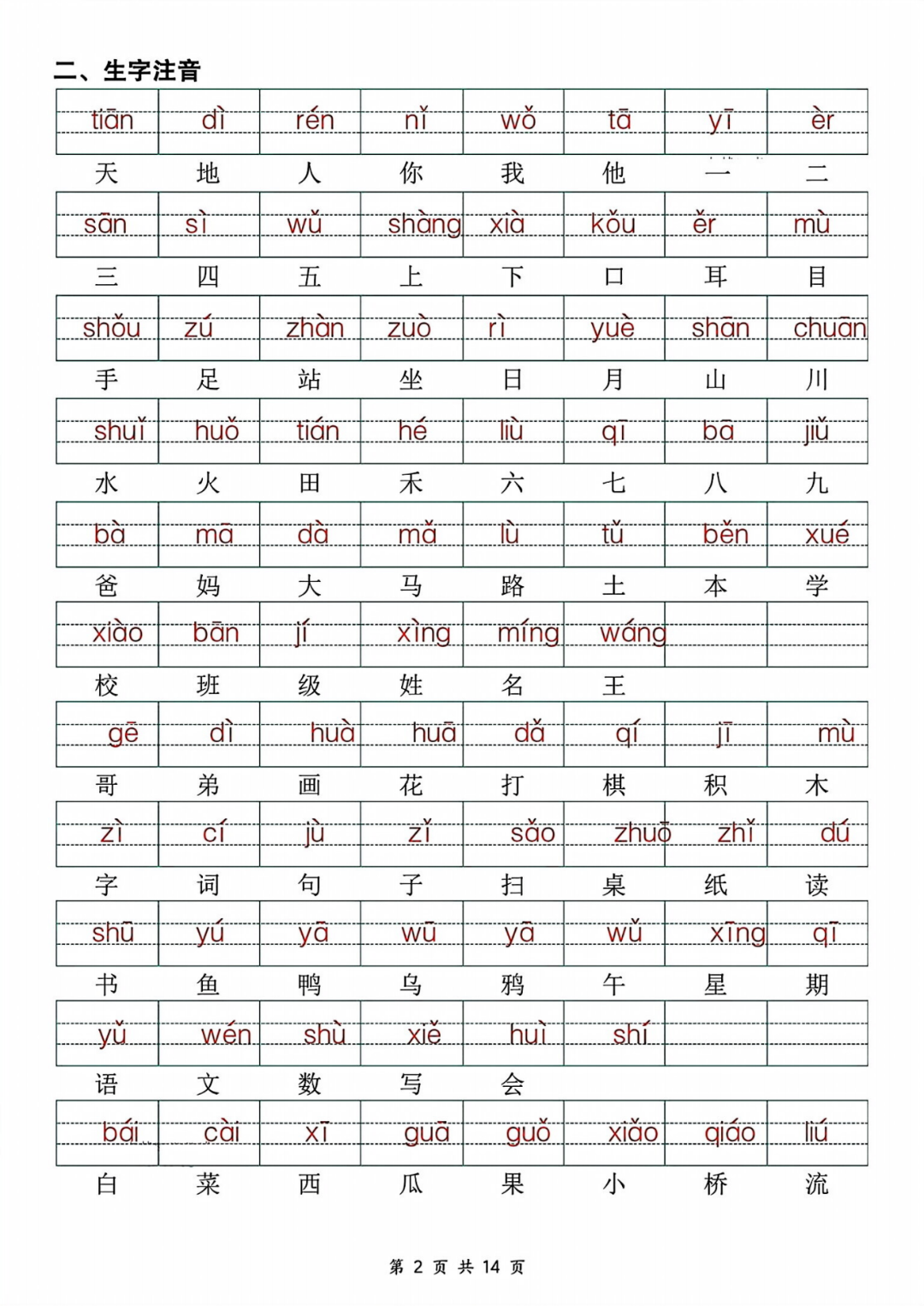 新版一年级上册语文期中复习《单元考点通关练习》，有答案，电子版可打印