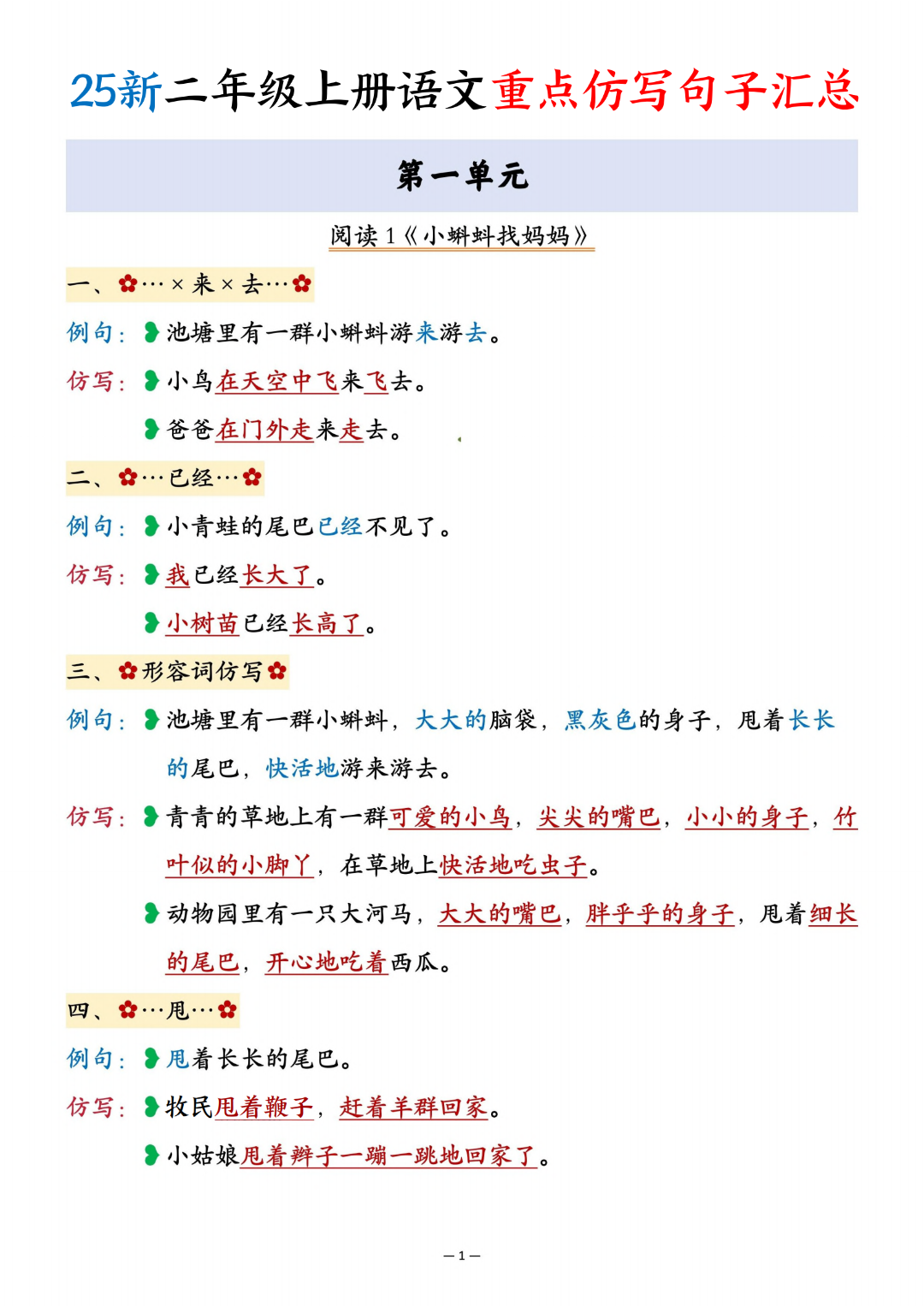 25年新版二年级上册语文《重点仿写句子汇总》，电子版可下载