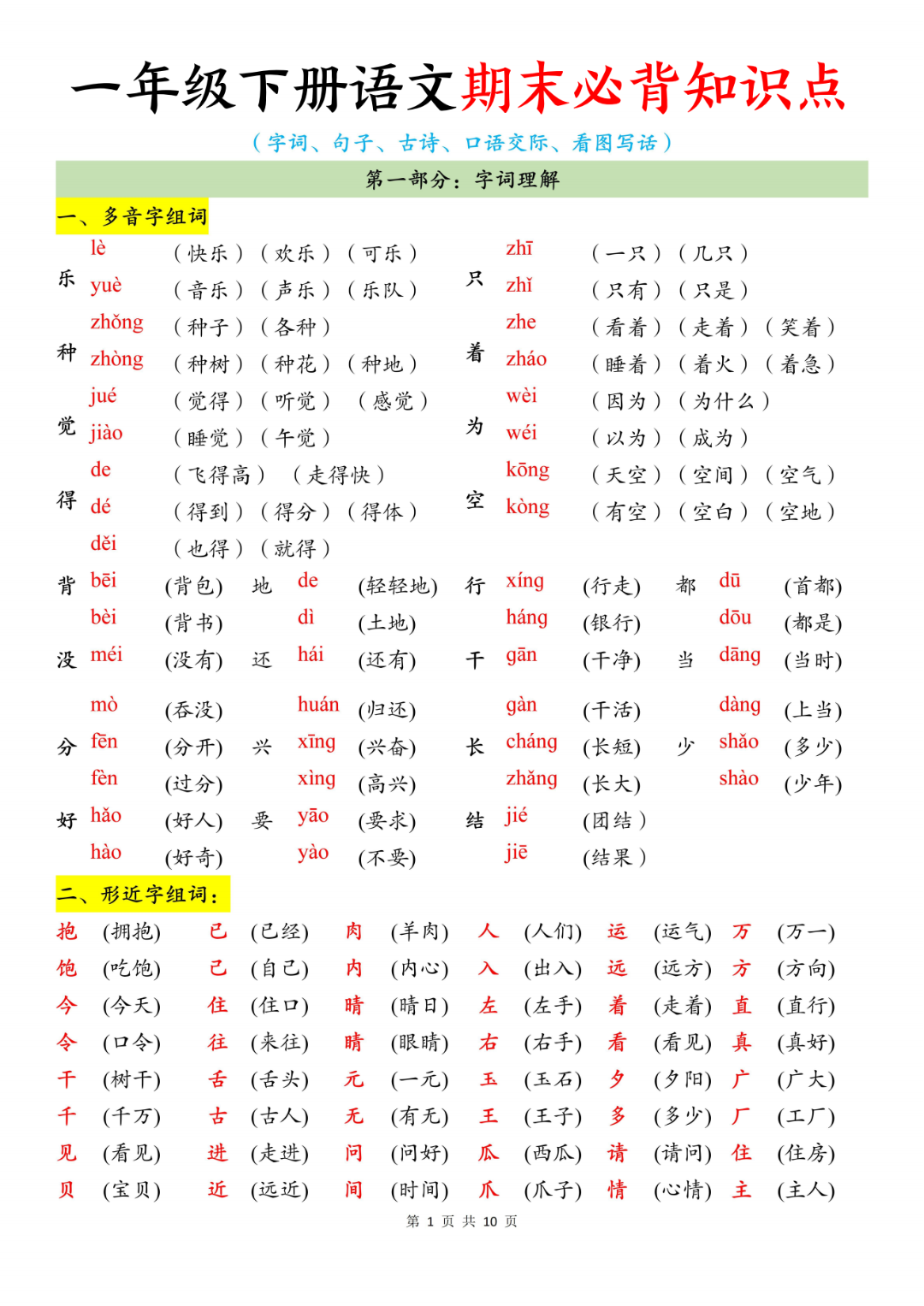 25年人教版一年级下册语文期末复习（全册必背知识点归类汇总），电子版可打印