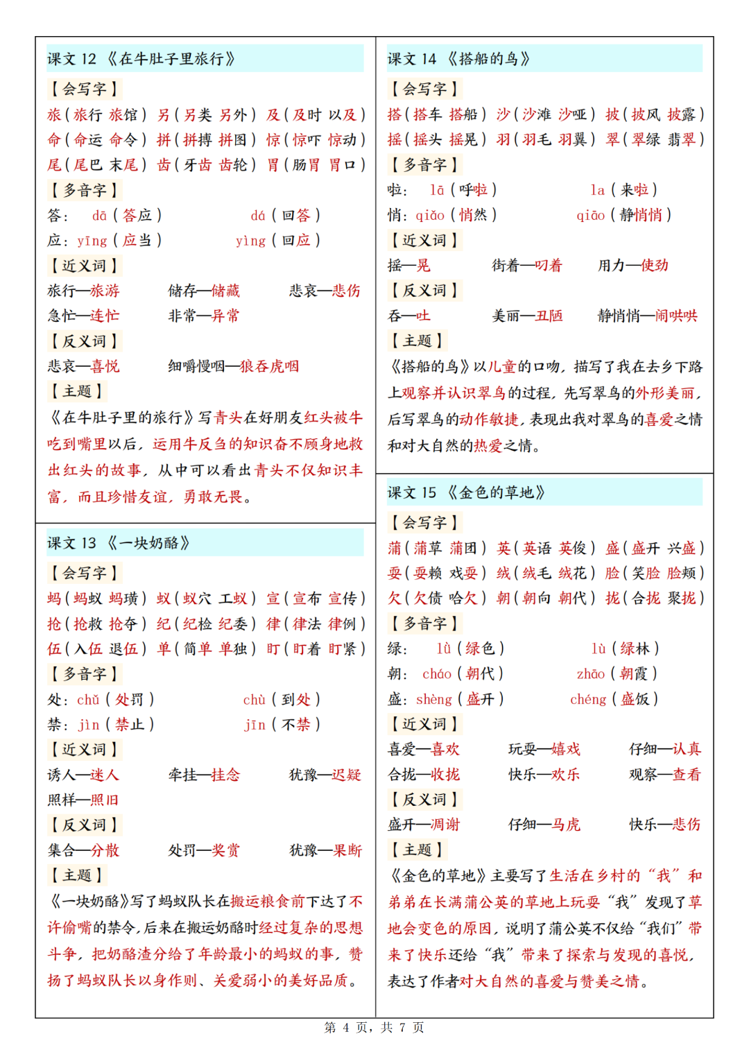25年人教版三年级上册语文《每课重点课课贴》（新版）电子版可下载