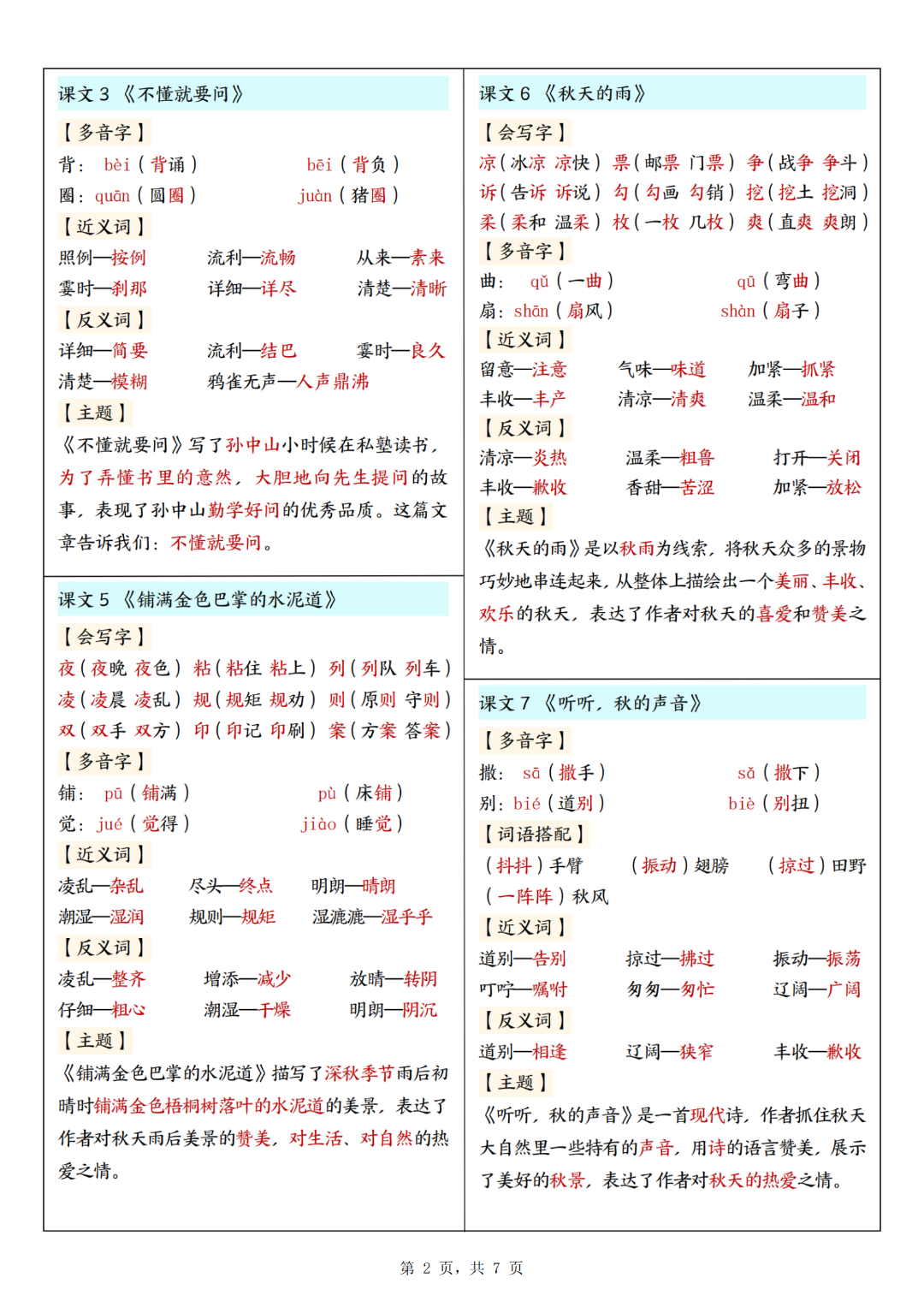 25年人教版三年级上册语文《每课重点课课贴》（新版）电子版可下载