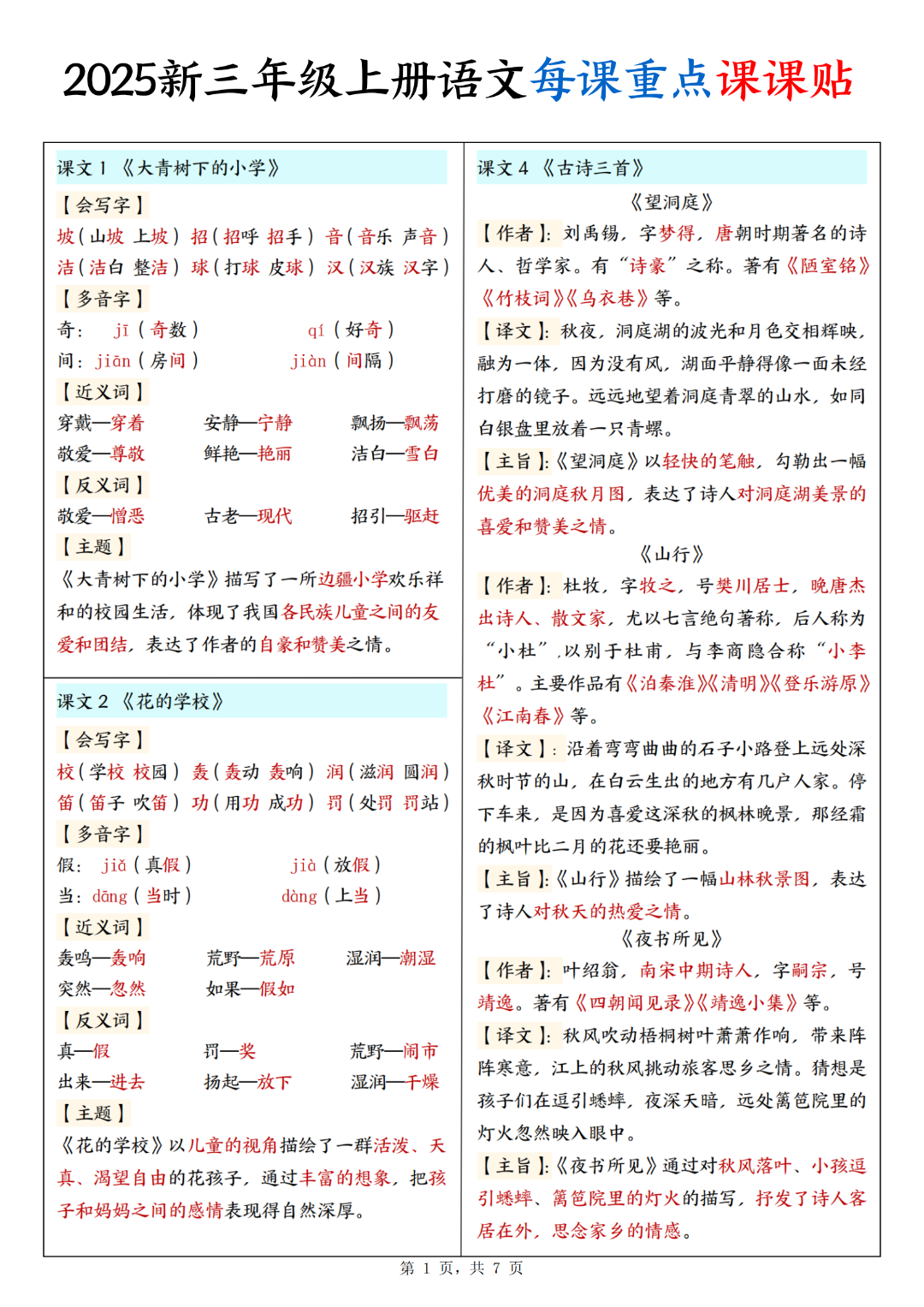 25年人教版三年级上册语文《每课重点课课贴》（新版）电子版可下载