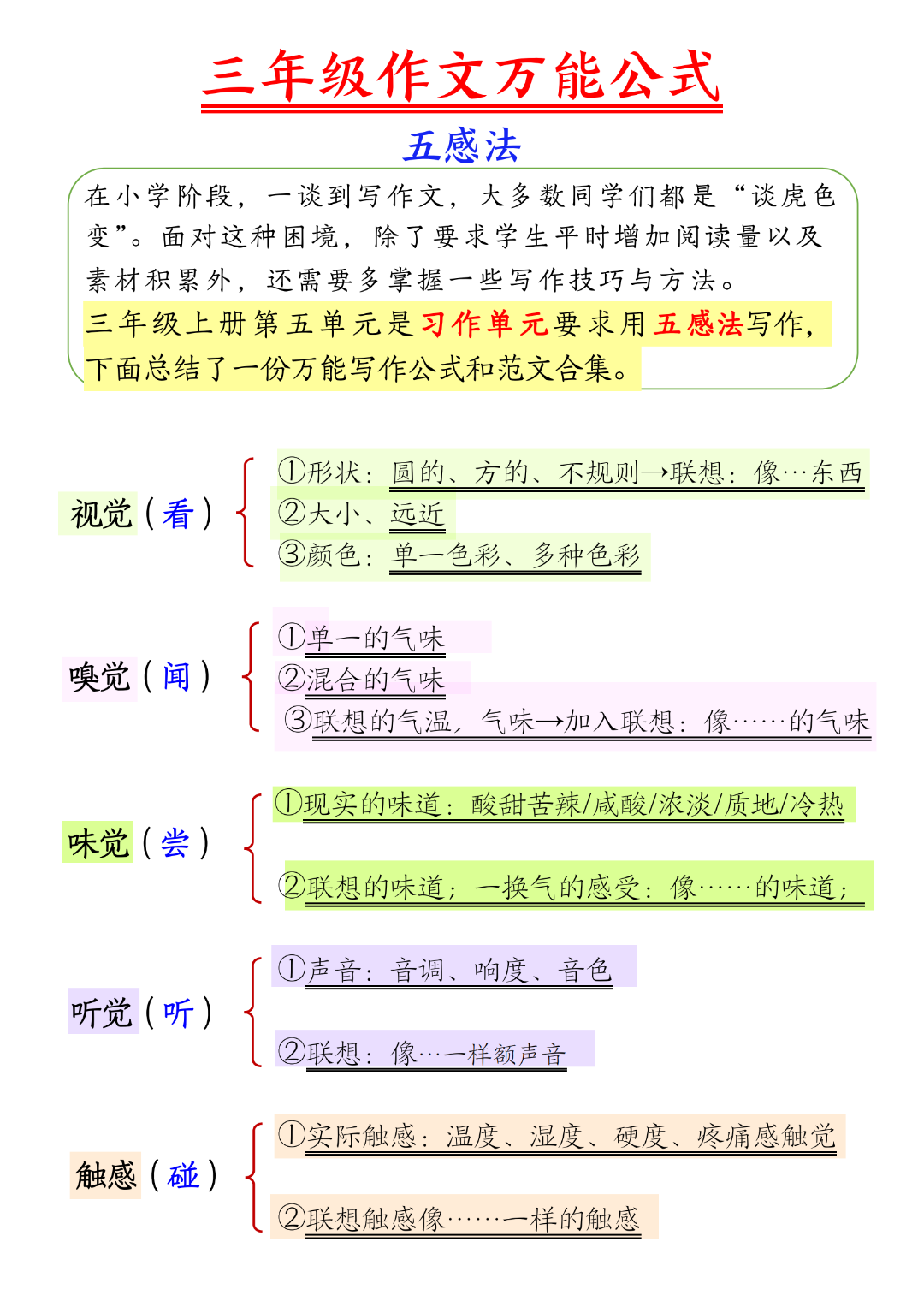 三年级上册语文《作文万能公式》，电子版可打印