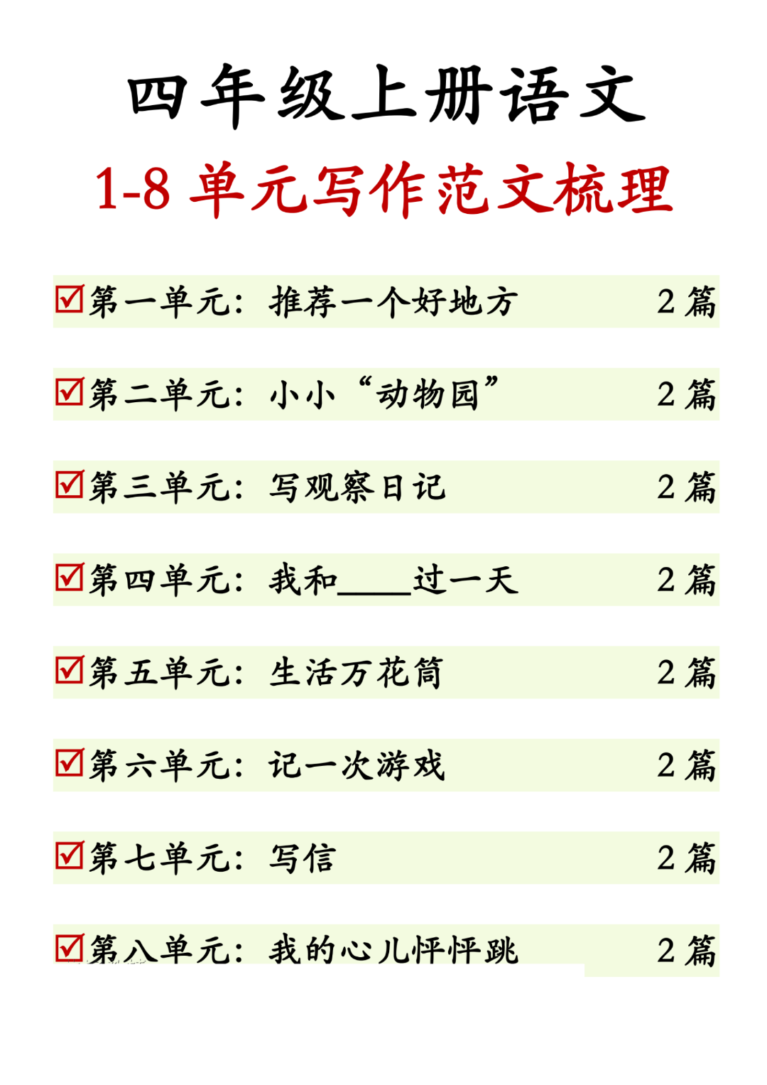 人教版四年级上册语文《1-8单元写作范文》，电子版可打印