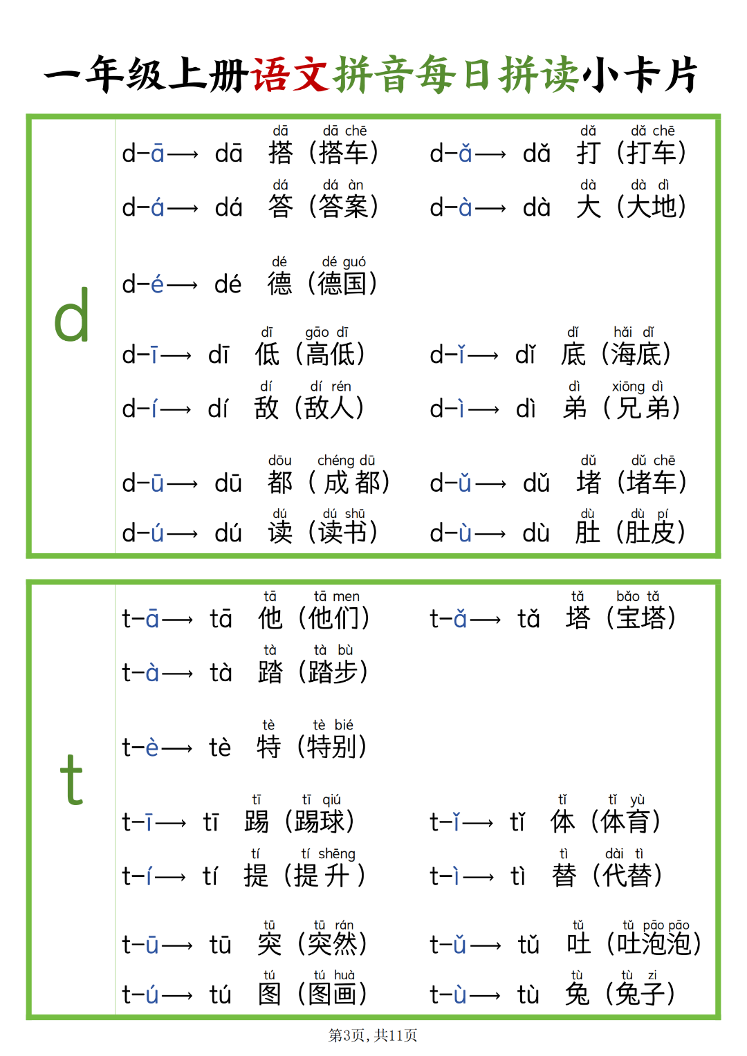 一年级上册语文《拼音每日拼读》小卡片，电子版可打印