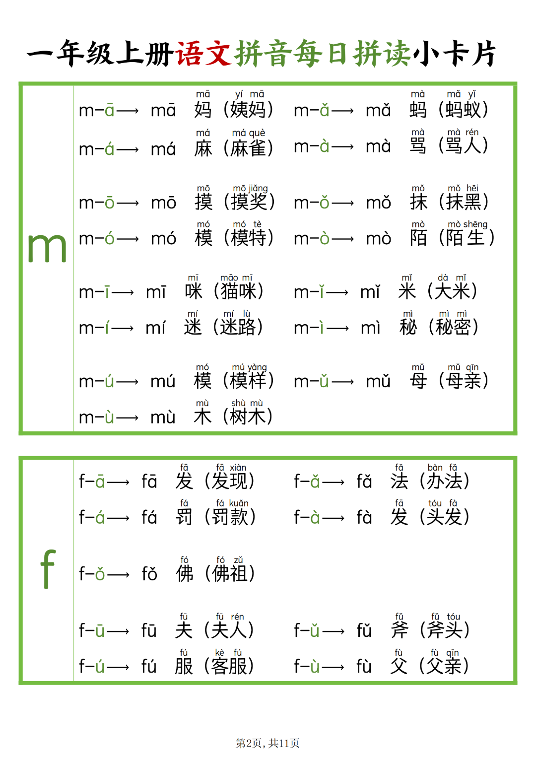 一年级上册语文《拼音每日拼读》小卡片，电子版可打印