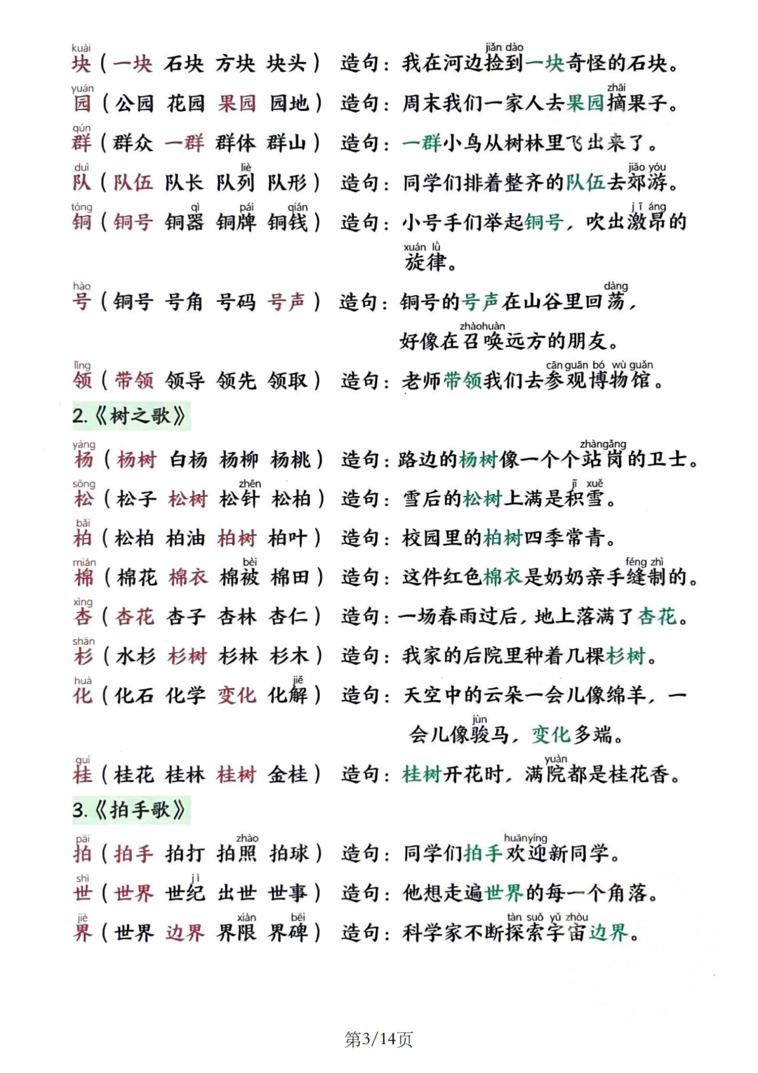 新版二年级上册语文《生字组词、造句》汇总，（带拼音）电子版可打印