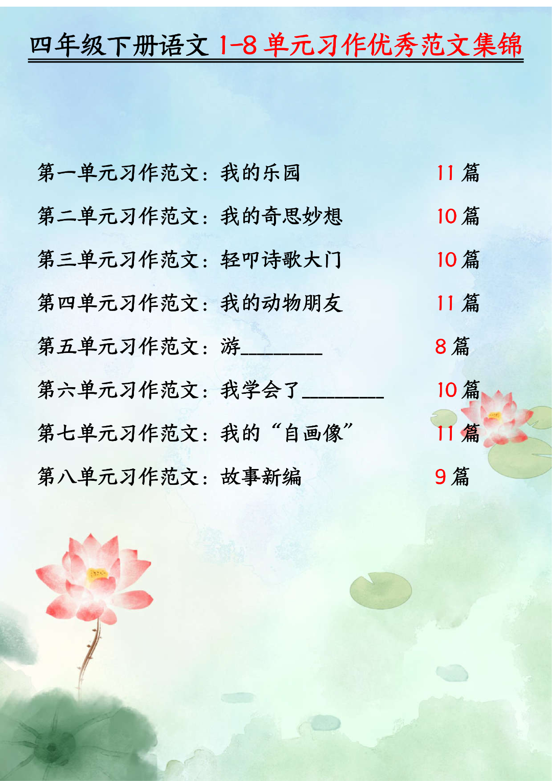 26年人教版四年级下册语文《1-8单元习作优秀范文集锦》（共80篇），电子版可打印
