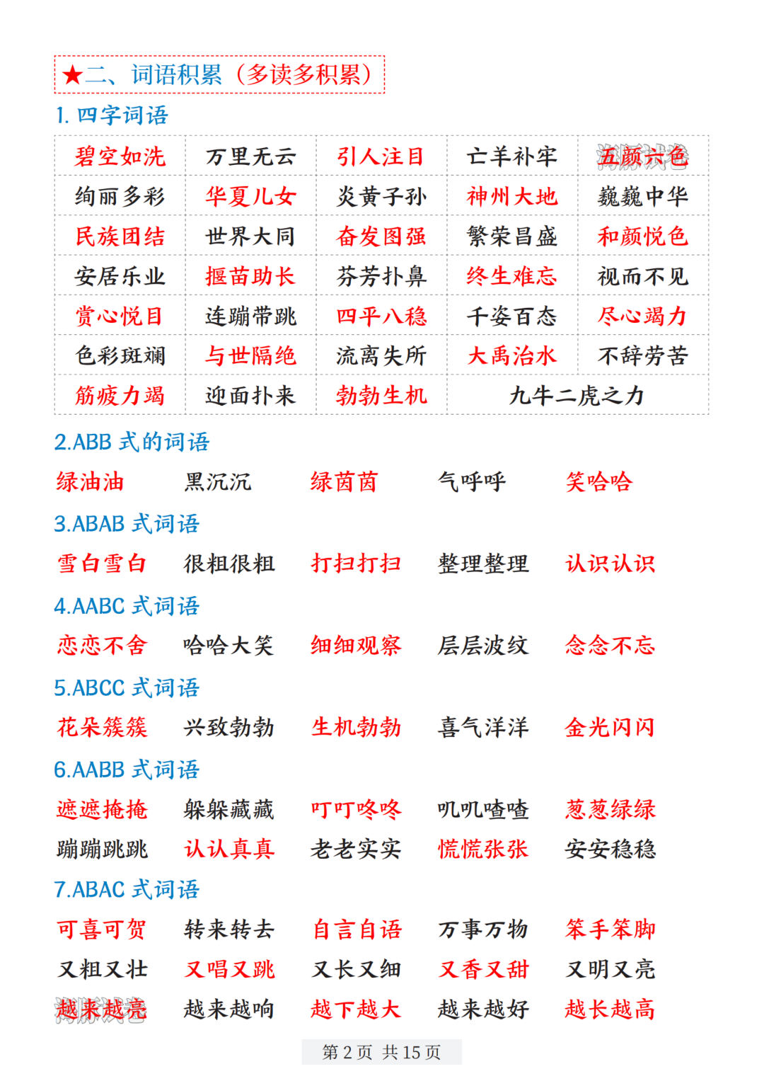 26年新版二年级下册语文寒假预习《全册重点知识汇总》，电子版可打印