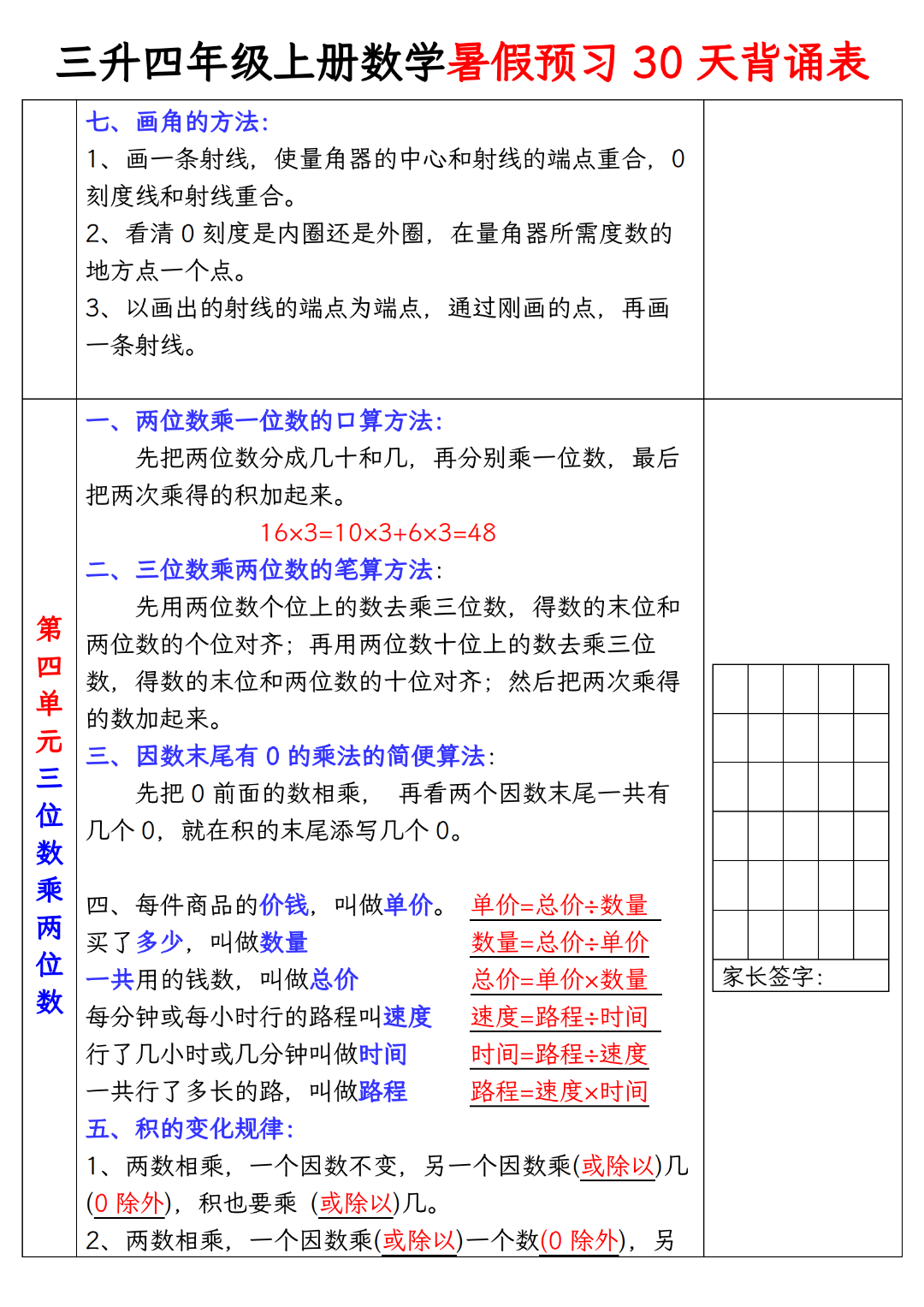 三升四数学暑假预习30天背诵表，电子版可打印